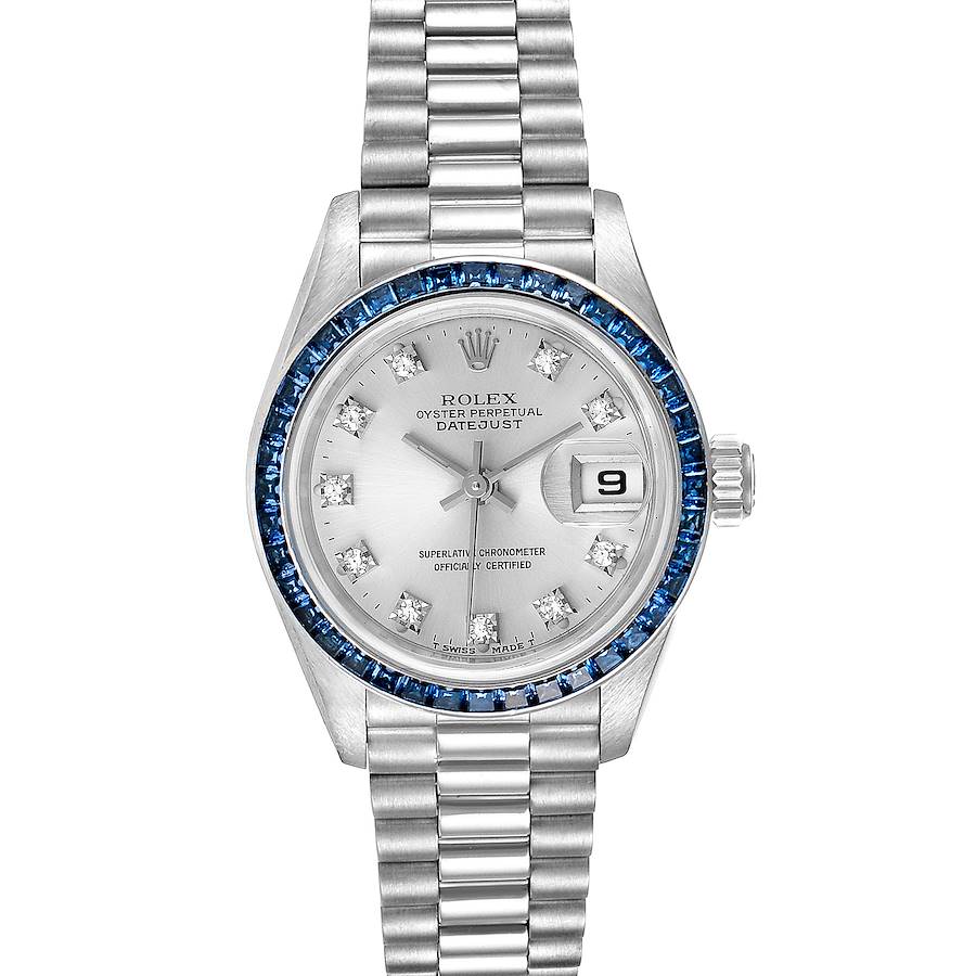 Rolex Silver Diamonds Sapphire 18K White Gold President Datejust 69119 Women's Wristwatch 26 MM