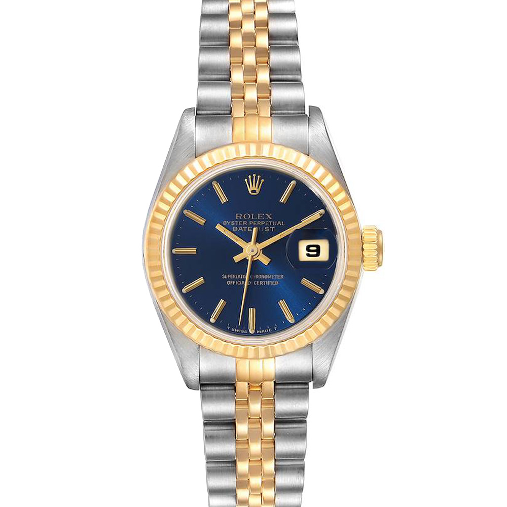Rolex Blue 18K Yellow Gold And Stainless Steel Datejust 69173 Women's Wristwatch 26 MM
