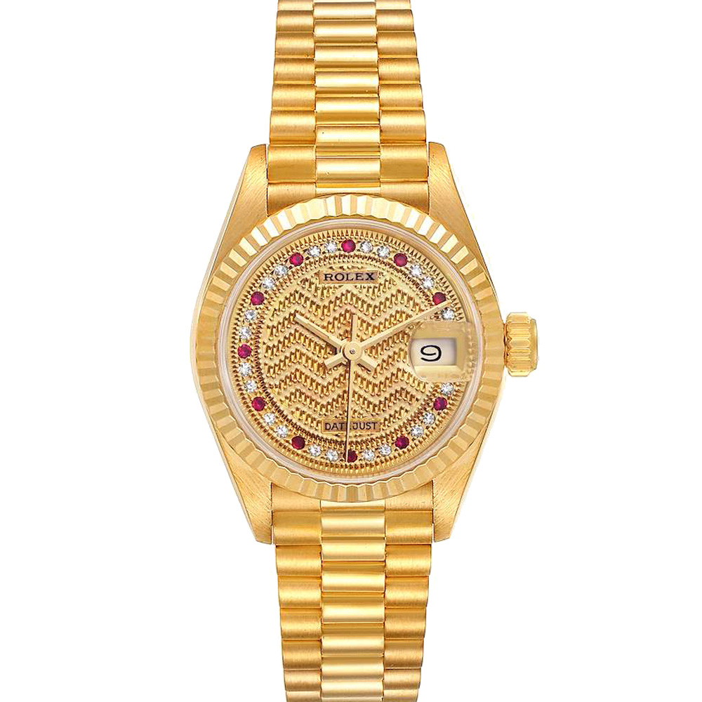 Rolex Champagne Diamonds Rubies 18K Yellow Gold President Datejust 69178 Women's Wristwatch 26 MM