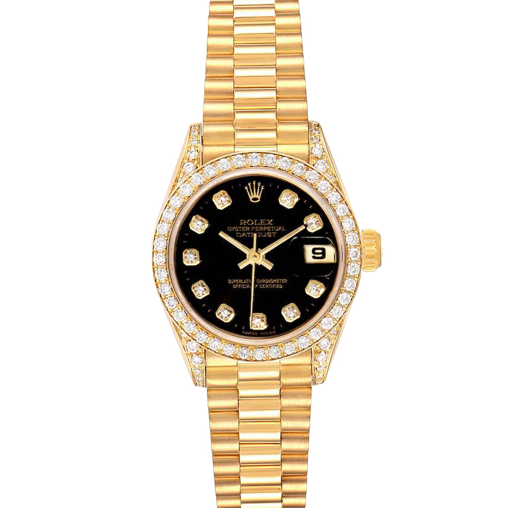 Rolex Black Diamonds 18k Yellow Gold President Datejust 69158 Women's Wristwatch 26 MM