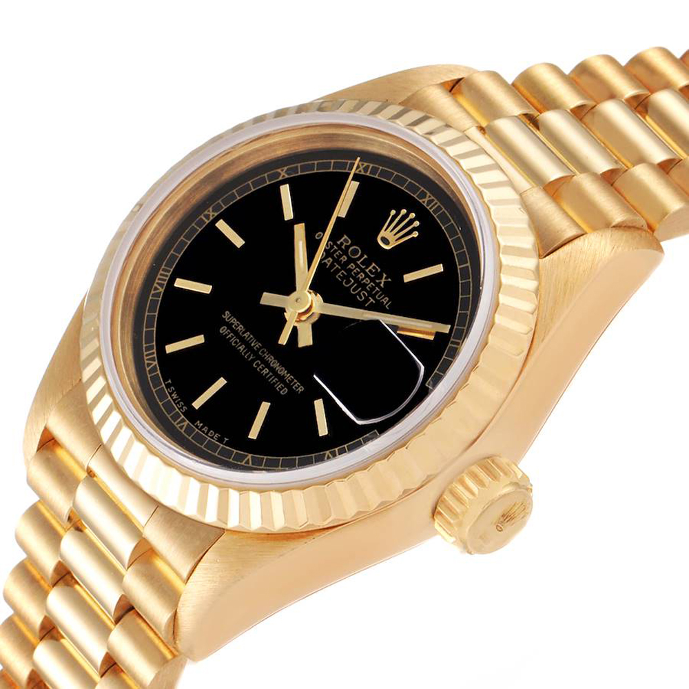 Rolex Black 18K Yellow Gold President Datejust 69178 Women's Wristwatch 26 MM
Rolex Black 18K Yellow Gold President Datejust 69178 Women's Wristwatch 26 MM