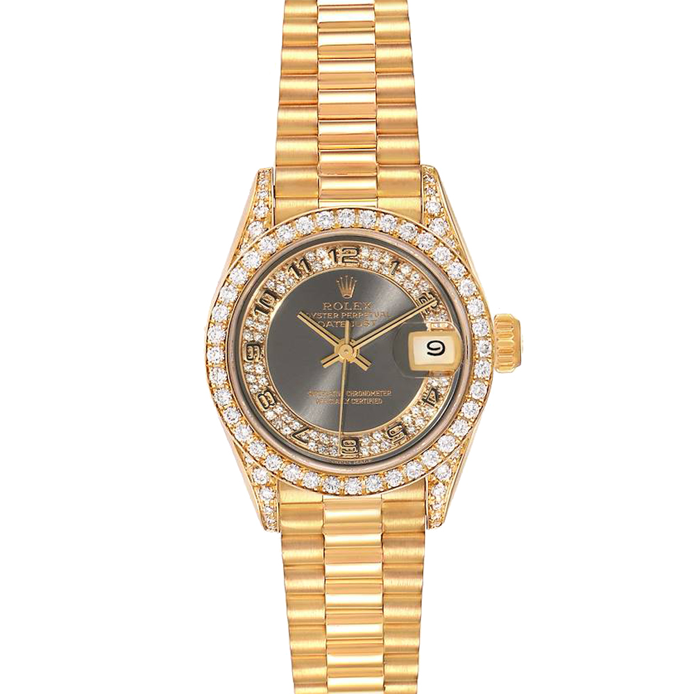 Rolex Champagne Myriad Diamonds 18K Yellow Gold President 69158 Women's Wristwatch 26 MM