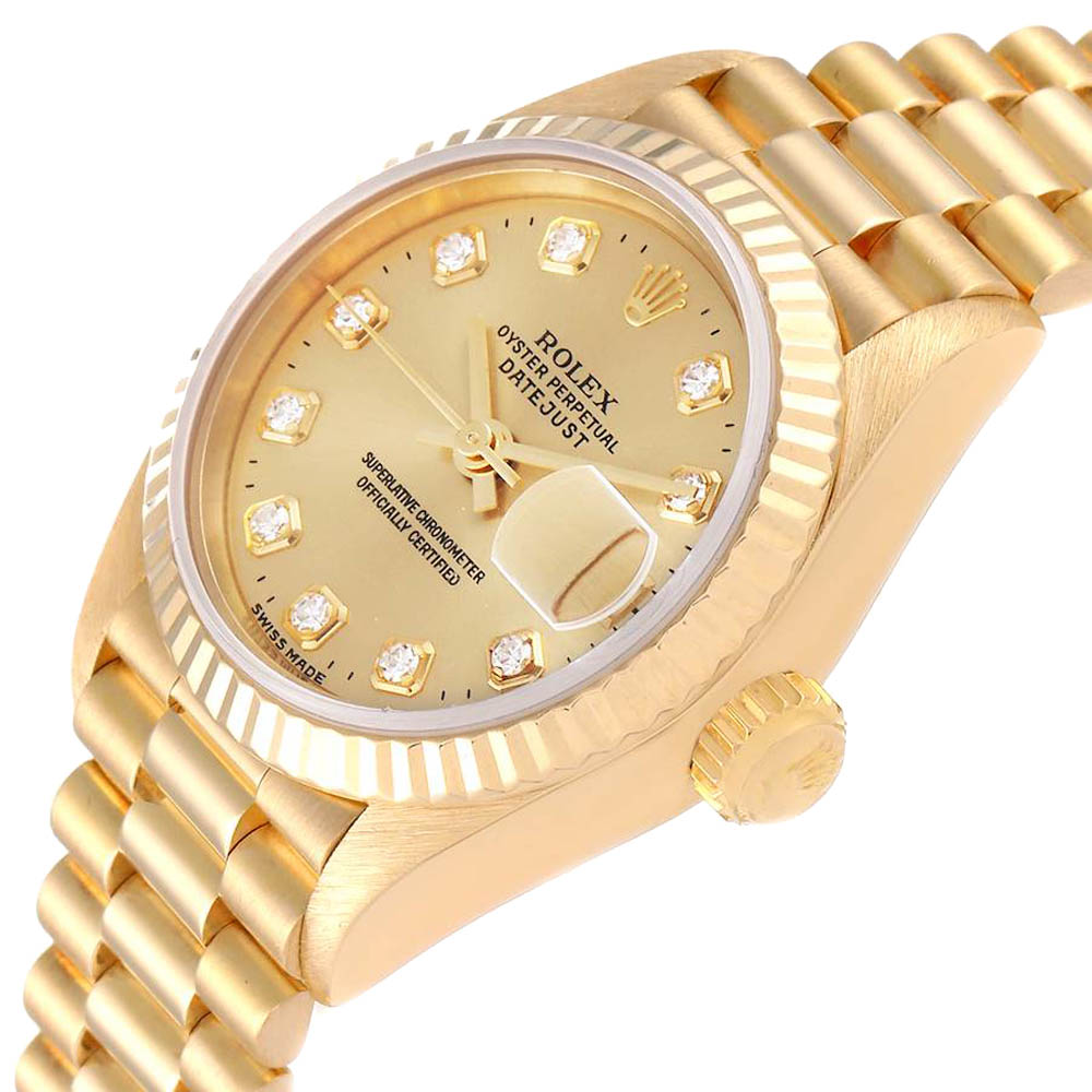 Rolex Champagne Diamonds 18K Yellow Gold President Datejust 69178 Women's Wristwatch 26 MM
Rolex Champagne Diamonds 18K Yellow Gold President Datejust 69178 Women's Wristwatch 26 MM