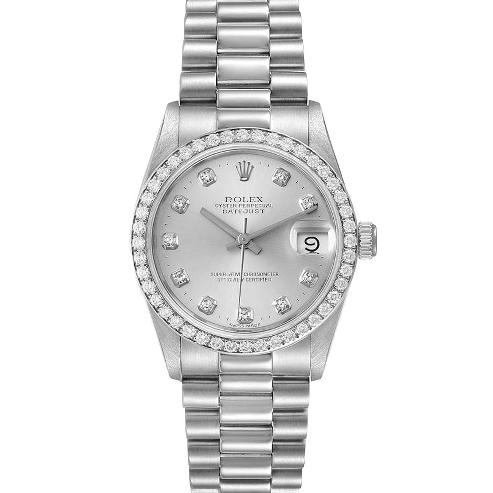 Rolex Silver Diamonds Platinum President Datejust 68286 Women's Wristwatch 31 MM