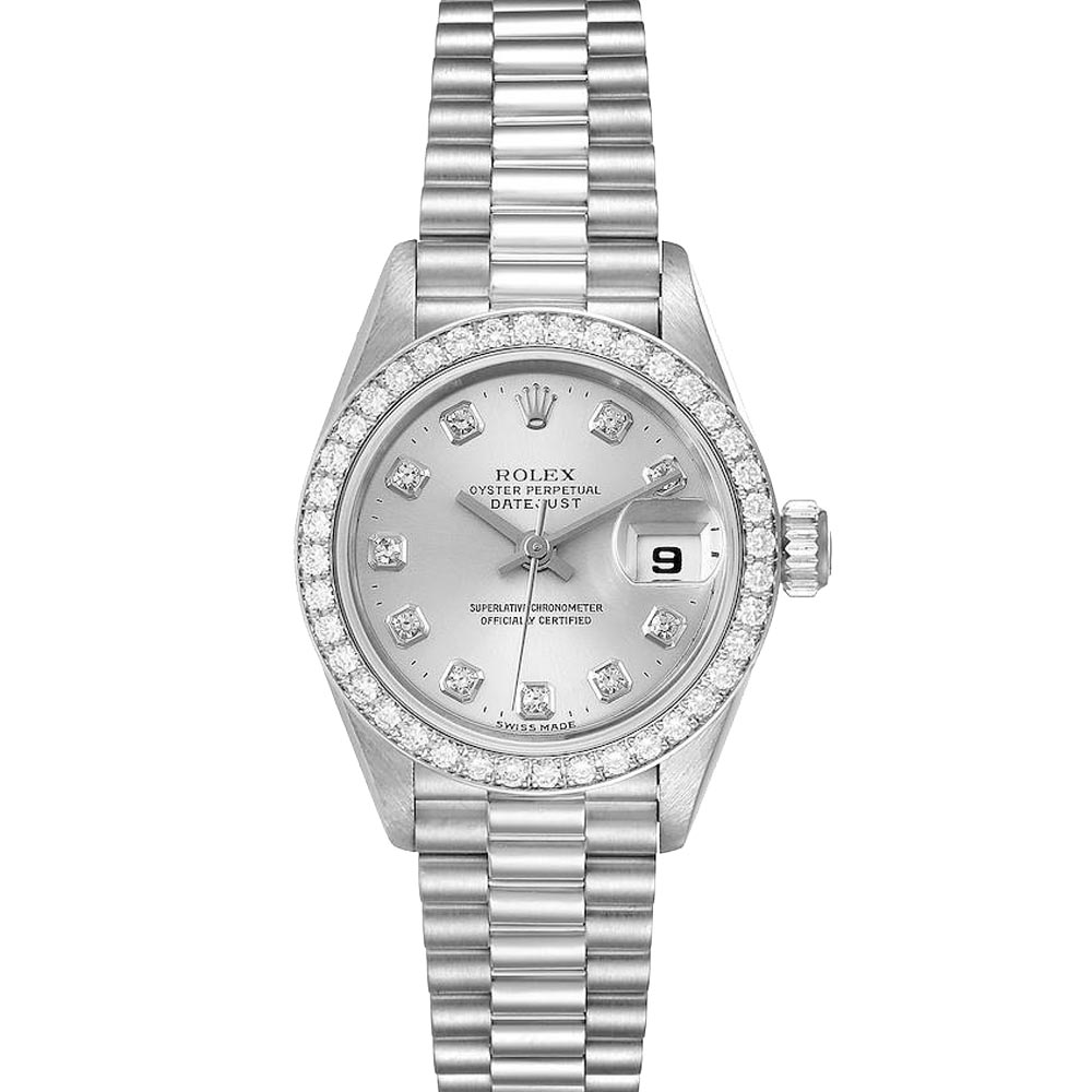 Rolex Silver Diamonds Platinum President 69136 Women's Wristwatch 26 MM