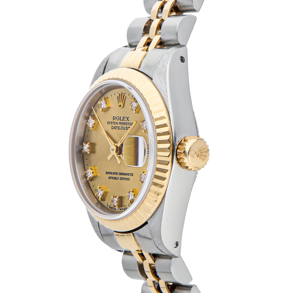 Rolex Champagne Diamonds 18K Yellow Gold And Stainless Steel Datejust 69173 Women's Wristwatch 26 MM
Rolex Champagne Diamonds 18K Yellow Gold And Stainless Steel Datejust 69173 Women's Wristwatch 26 MM