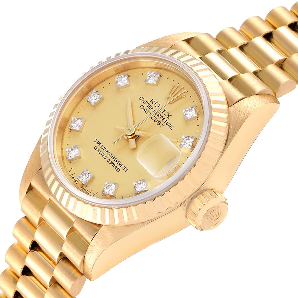 Rolex Champagne Diamonds 18K Yellow Gold President Datejust 69178 Women's Wristwatch 26 MM
Rolex Champagne Diamonds 18K Yellow Gold President Datejust 69178 Women's Wristwatch 26 MM