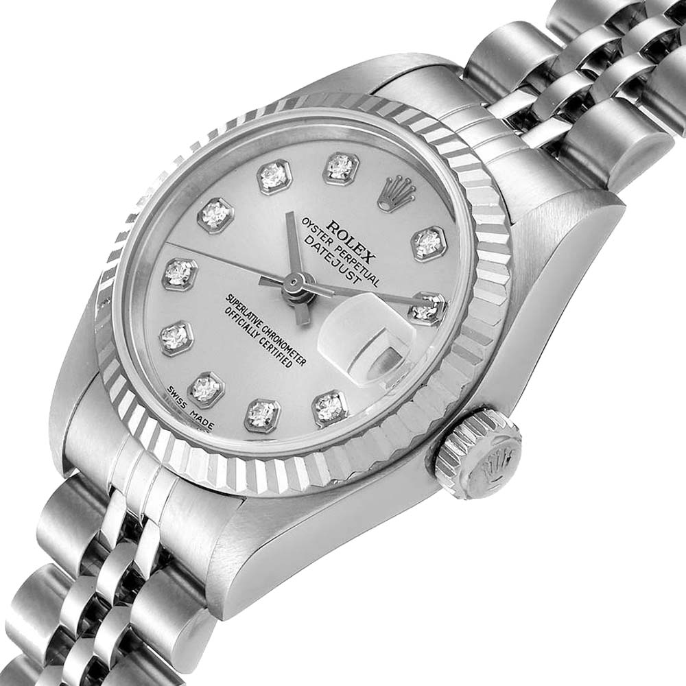 Rolex Silver Diamonds 18k White Gold And Stainless Steel Datejust 79174 Women's Wristwatch 26 MM
Rolex Silver Diamonds 18k White Gold And Stainless Steel Datejust 79174 Women's Wristwatch 26 MM
