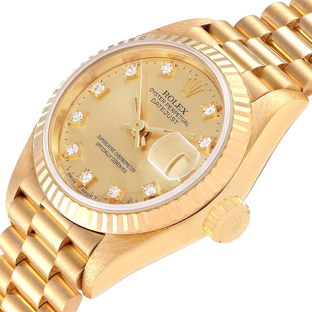 Rolex Champagne Diamonds 18K Yellow Gold President Datejust 69178 Women's Wristwatch 26 MM
Rolex Champagne Diamonds 18K Yellow Gold President Datejust 69178 Women's Wristwatch 26 MM