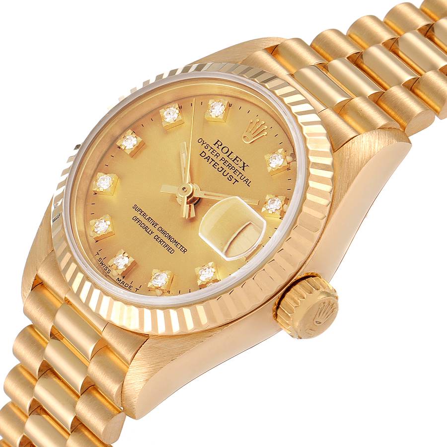 Rolex Champagne Diamonds 18K Yellow Gold President Datejust 69178 Women's Wristwatch 26 MM
Rolex Champagne Diamonds 18K Yellow Gold President Datejust 69178 Women's Wristwatch 26 MM