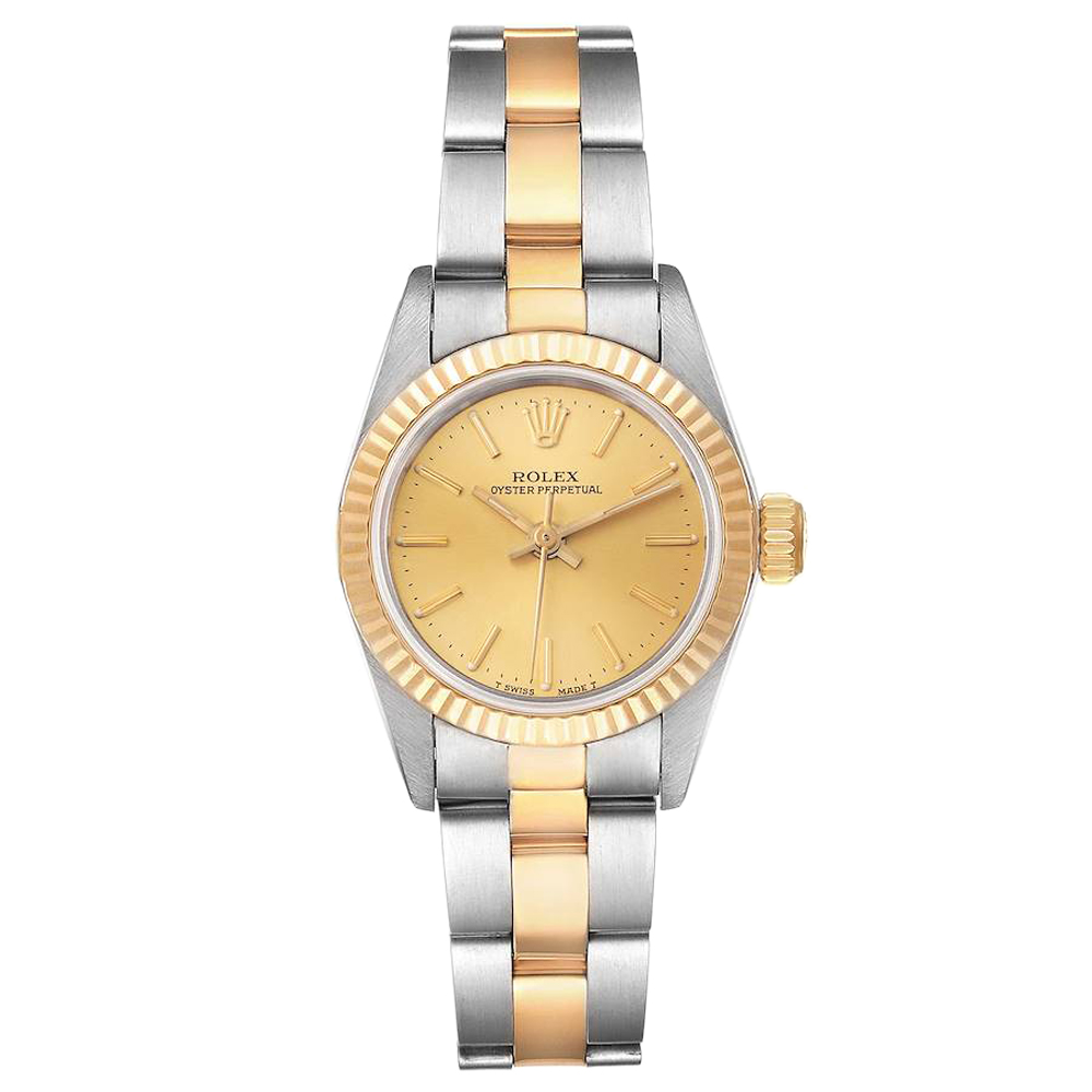 Rolex Champagne 18K Yellow Gold Stainless Steel Oyster Perpetual 67193 Women's Wristwatch 24MM