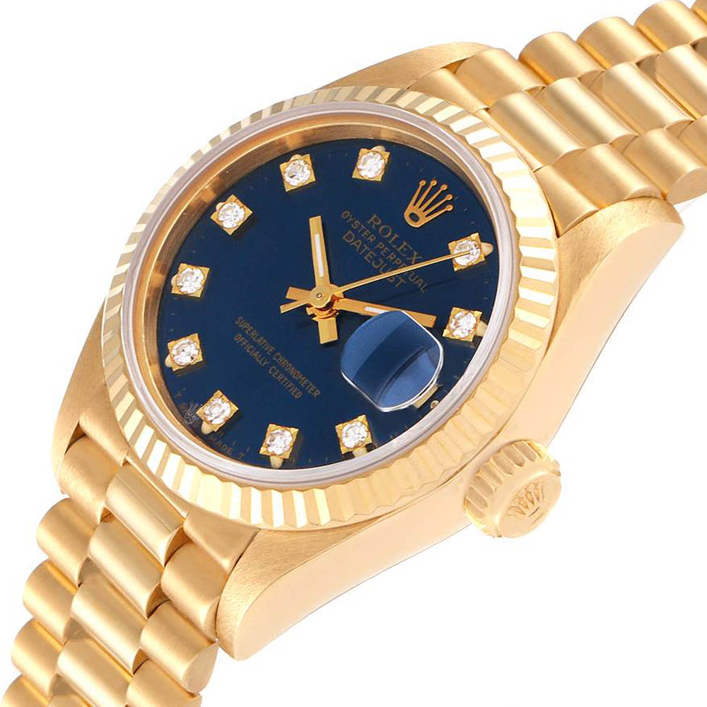 Rolex Blue Diamonds 18K Yellow Gold President Datejust 69178 Women's Wristwatch 26 MM
Rolex Blue Diamonds 18K Yellow Gold President Datejust 69178 Women's Wristwatch 26 MM