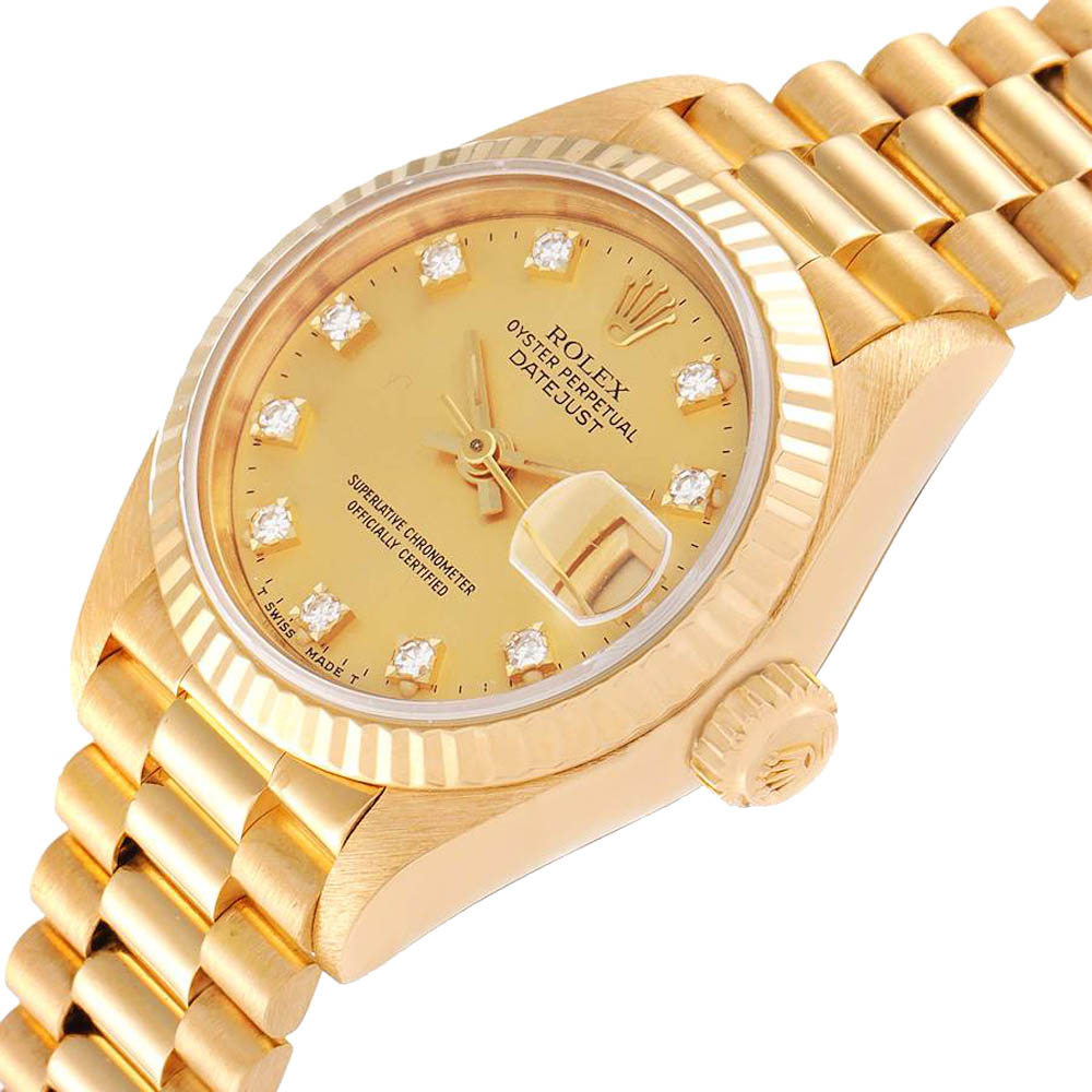 Rolex Champagne Diamonds 18K Yellow Gold President Datejust 69178 Women's Wristwatch 26 MM
Rolex Champagne Diamonds 18K Yellow Gold President Datejust 69178 Women's Wristwatch 26 MM