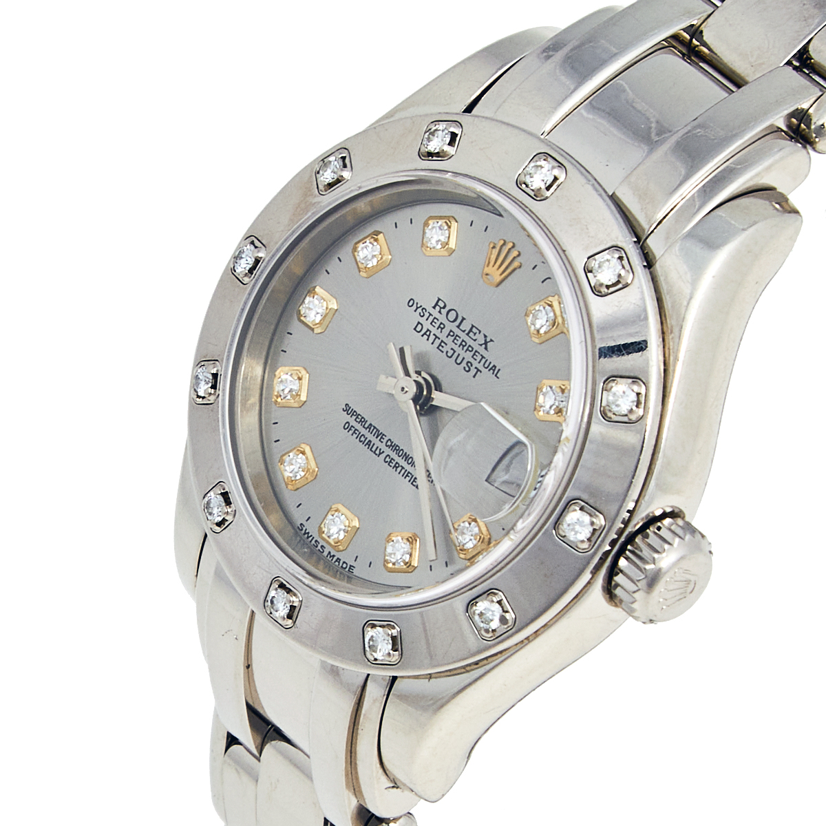 Rolex Grey Diamond 18k White Gold Datejust Pearlmaster 80319 Women's Wristwatch 29 mm