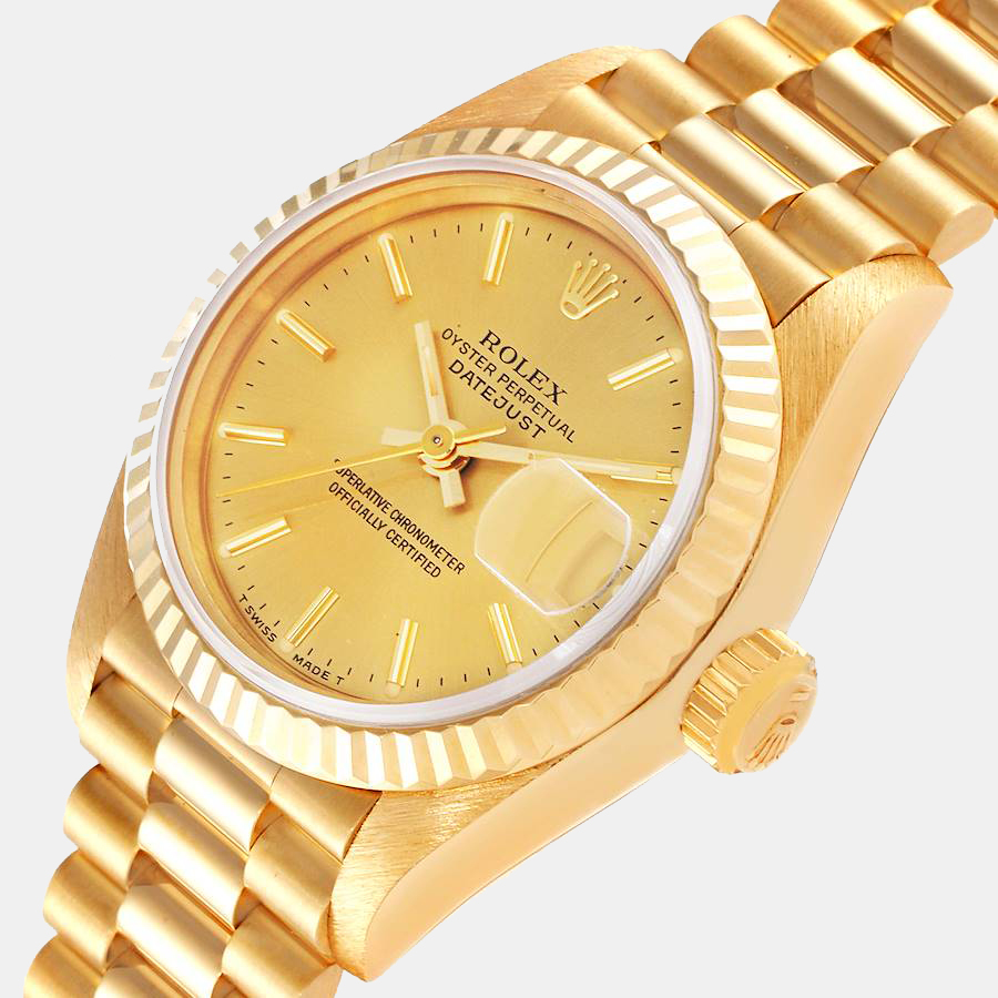 Rolex Champagne 18K Yellow Gold President Datejust 69178 Women's Wristwatch 26 mm
Rolex Champagne 18K Yellow Gold President Datejust 69178 Women's Wristwatch 26 mm