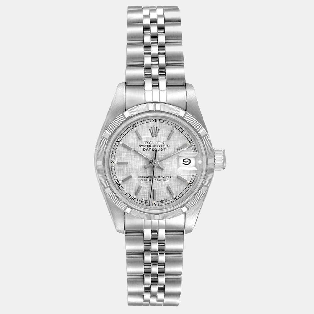 Rolex Silver Linen Stainless Steel Datejust 69160 Women's Wristwatch 26 MM