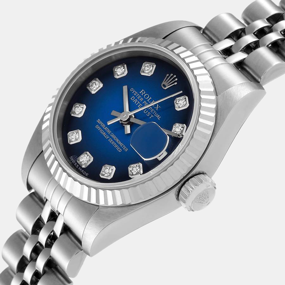 Rolex Blue 18K White Gold And Stainless Steel Datejust 79174 Women's Wristwatch 26 mm
Rolex Blue 18K White Gold And Stainless Steel Datejust 79174 Women's Wristwatch 26 mm