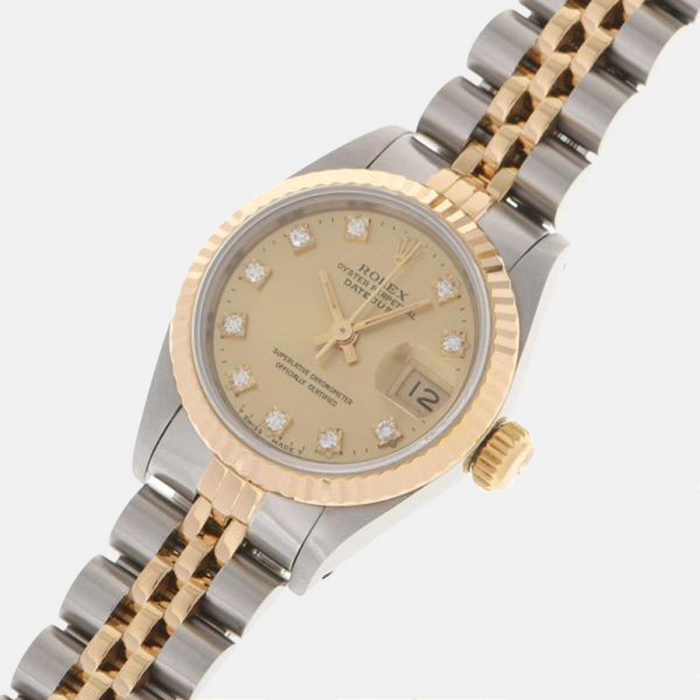 Rolex Champagne Diamonds 18K Yellow Gold And Stainless Steel Datejust 69173 Women's Wristwatch 26 mm
Rolex Champagne Diamonds 18K Yellow Gold And Stainless Steel Datejust 69173 Women's Wristwatch 26 mm