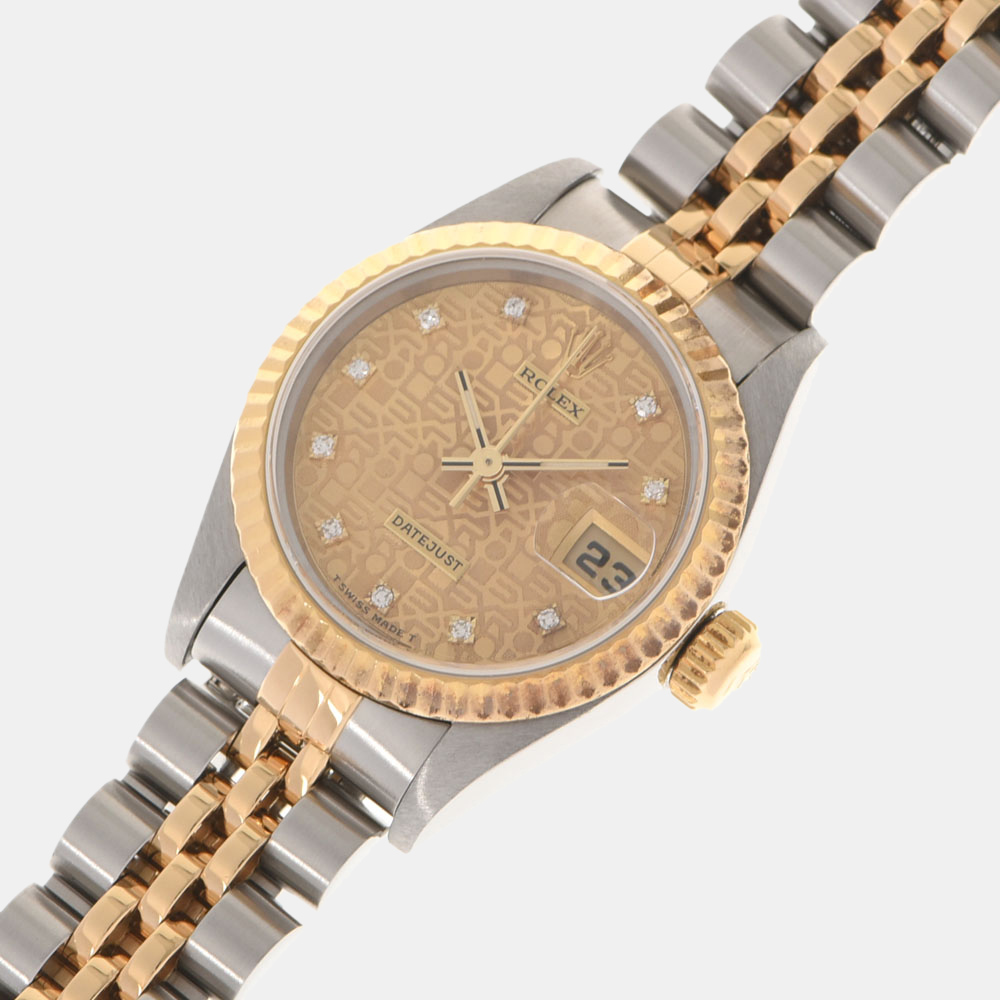 Rolex Champagne Diamonds 18K Yellow Gold And Stainless Steel Datejust 69173 Women's Wristwatch 26 mm
Rolex Champagne Diamonds 18K Yellow Gold And Stainless Steel Datejust 69173 Women's Wristwatch 26 mm