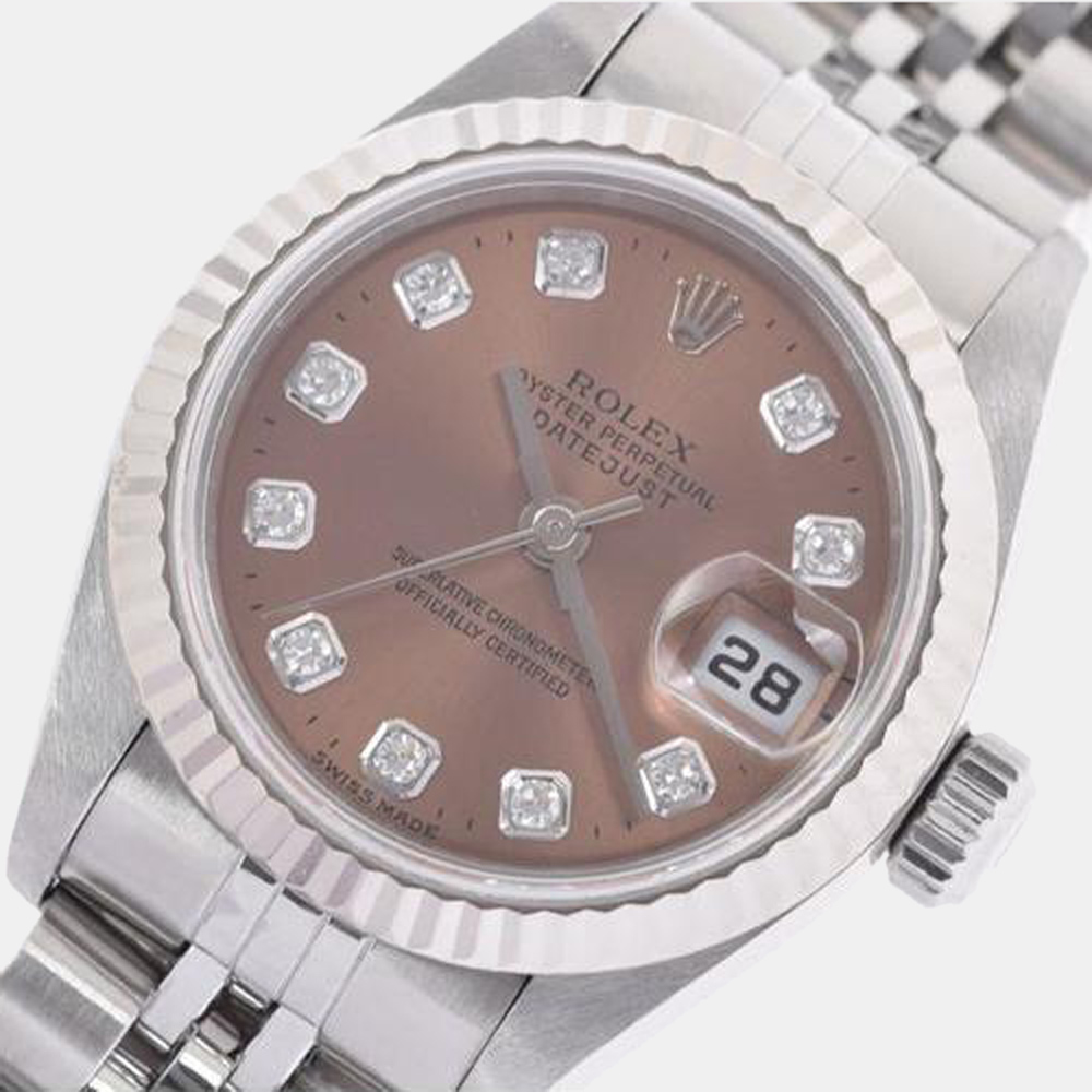 Rolex Pink Diamonds Stainless Steel Datejust 69174G Automatic Women's Wristwatch 26 mm
Rolex Pink Diamonds Stainless Steel Datejust 69174G Automatic Women's Wristwatch 26 mm