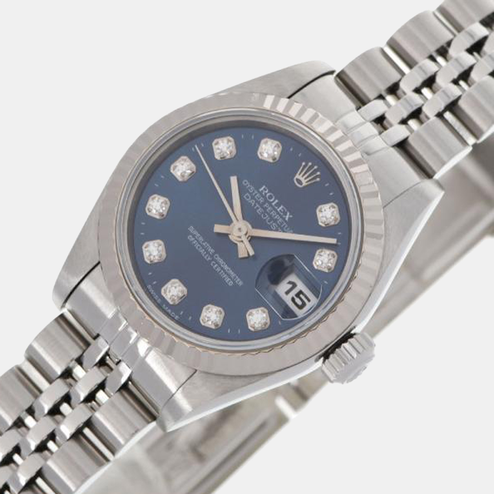 Rolex Blue Diamond 18k White Gold And Stainless Steel Datejust 69174G Automatic Women's Wristwatch 26 mm
Rolex Blue Diamond 18k White Gold And Stainless Steel Datejust 69174G Automatic Women's Wristwatch 26 mm