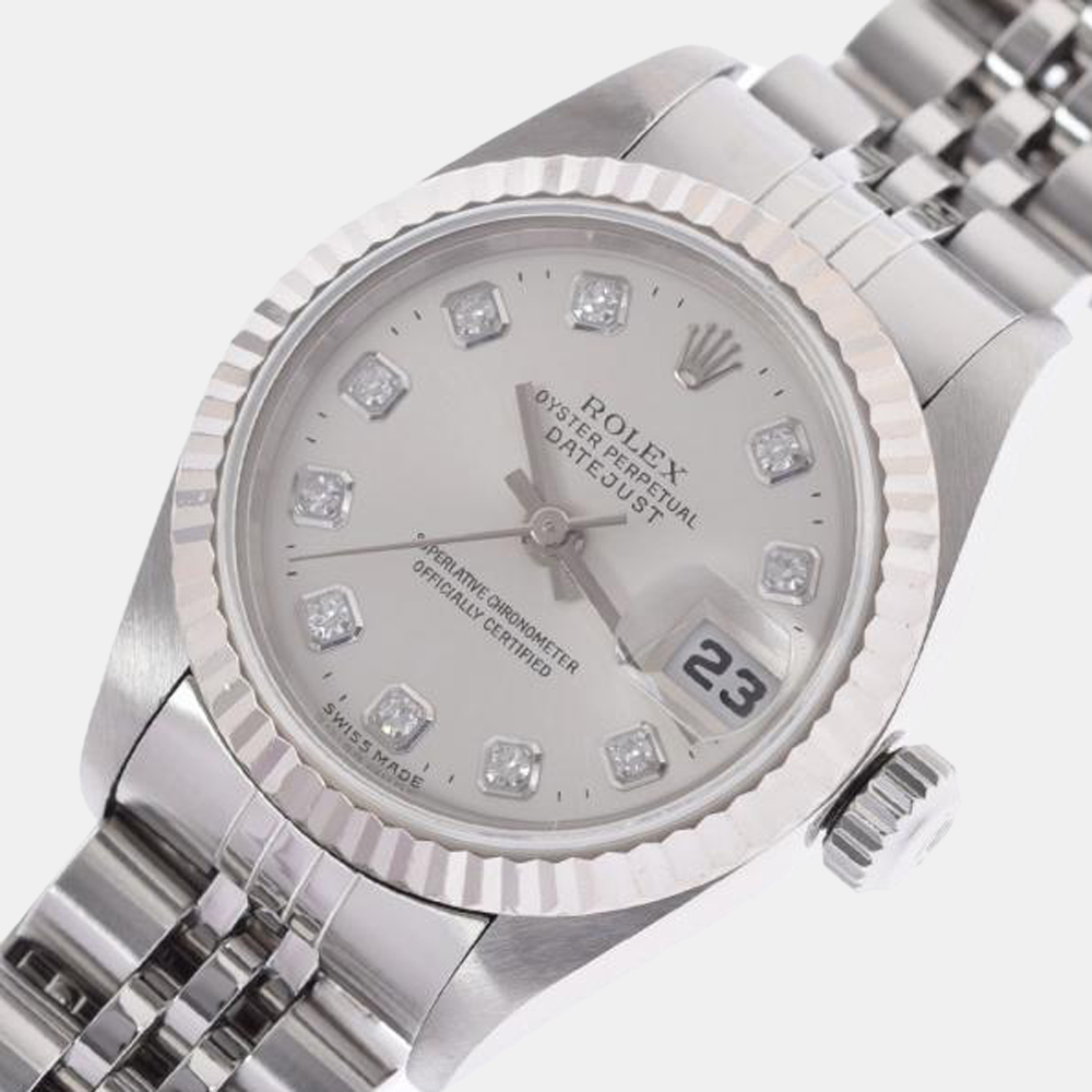 Rolex Silver Diamond 18k White Gold And Stainless Steel Datejust 69174G Automatic Women's Wristwatch 26 mm
Rolex Silver Diamond 18k White Gold And Stainless Steel Datejust 69174G Automatic Women's Wristwatch 26 mm