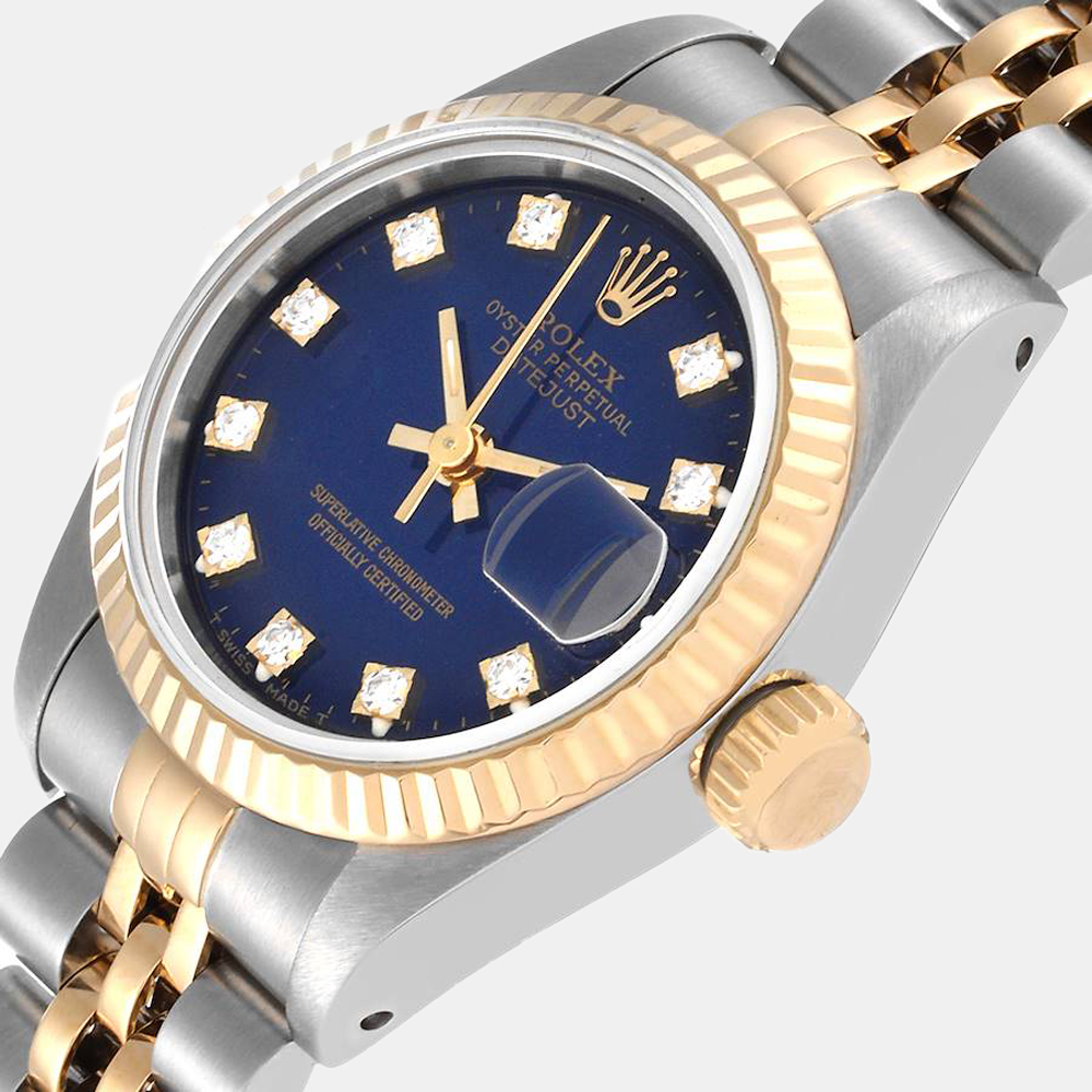 Rolex Blue Diamond 18k Yellow Gold And Stainless Steel Datejust 69173 Automatic Women's Wristwatch 26 mm
Rolex Blue Diamond 18k Yellow Gold And Stainless Steel Datejust 69173 Automatic Women's Wristwatch 26 mm
