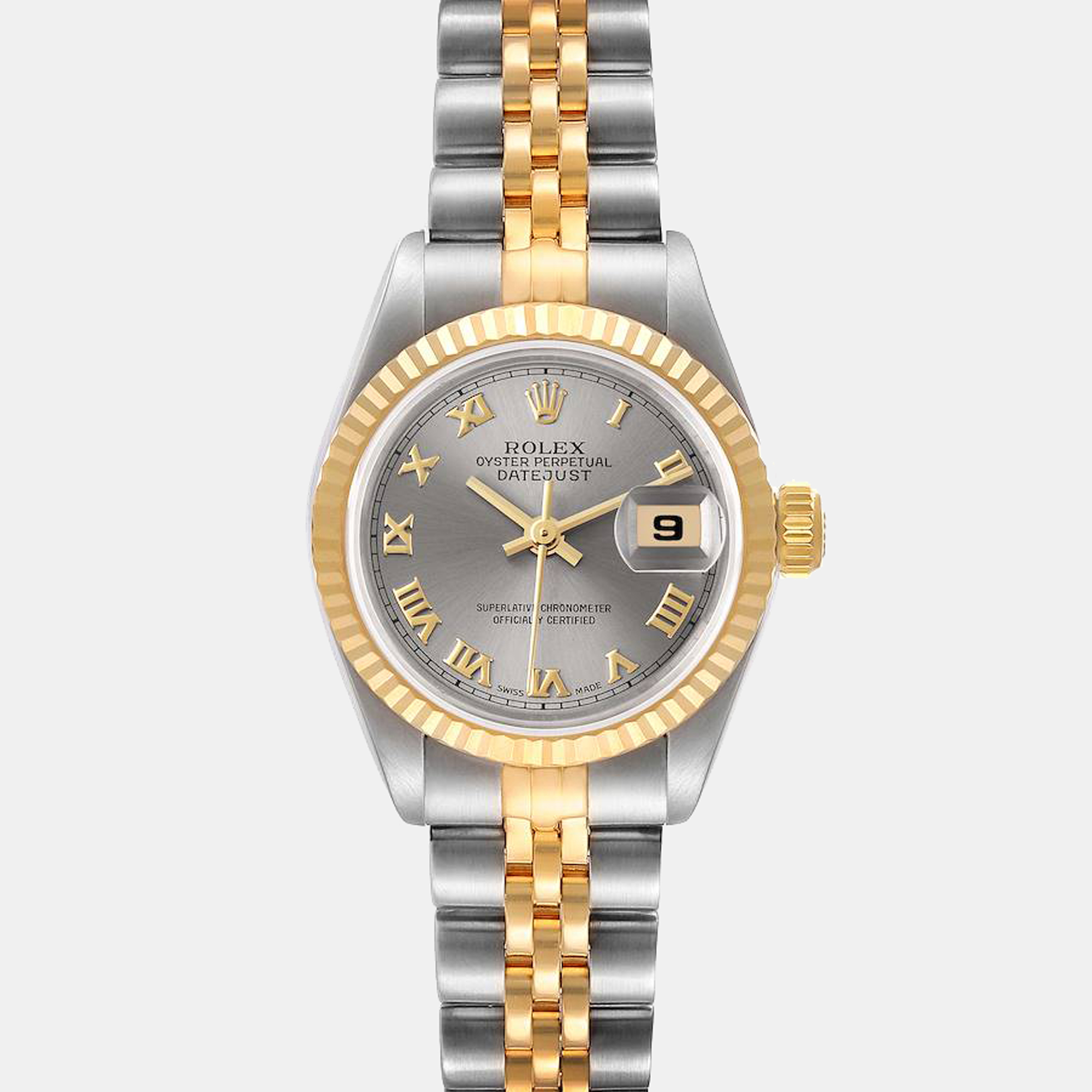 Rolex grey 18k yellow gold and stainless steel datejust 69173 automatic women's wristwatch 26 mm