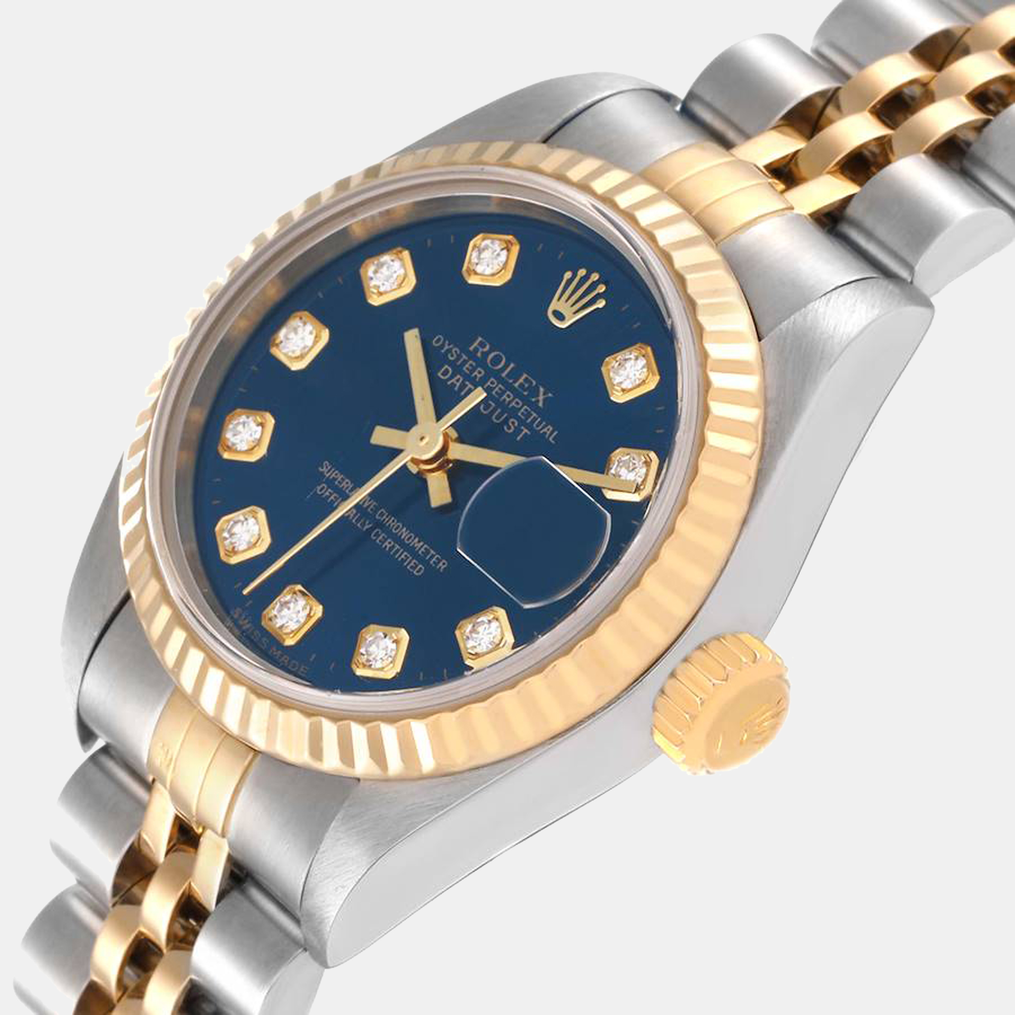 Rolex Blue Diamond 18k Yellow Gold And Stainless Steel Datejust 79173 Automatic Women's Wristwatch 26 mm
Rolex Blue Diamond 18k Yellow Gold And Stainless Steel Datejust 79173 Automatic Women's Wristwatch 26 mm
