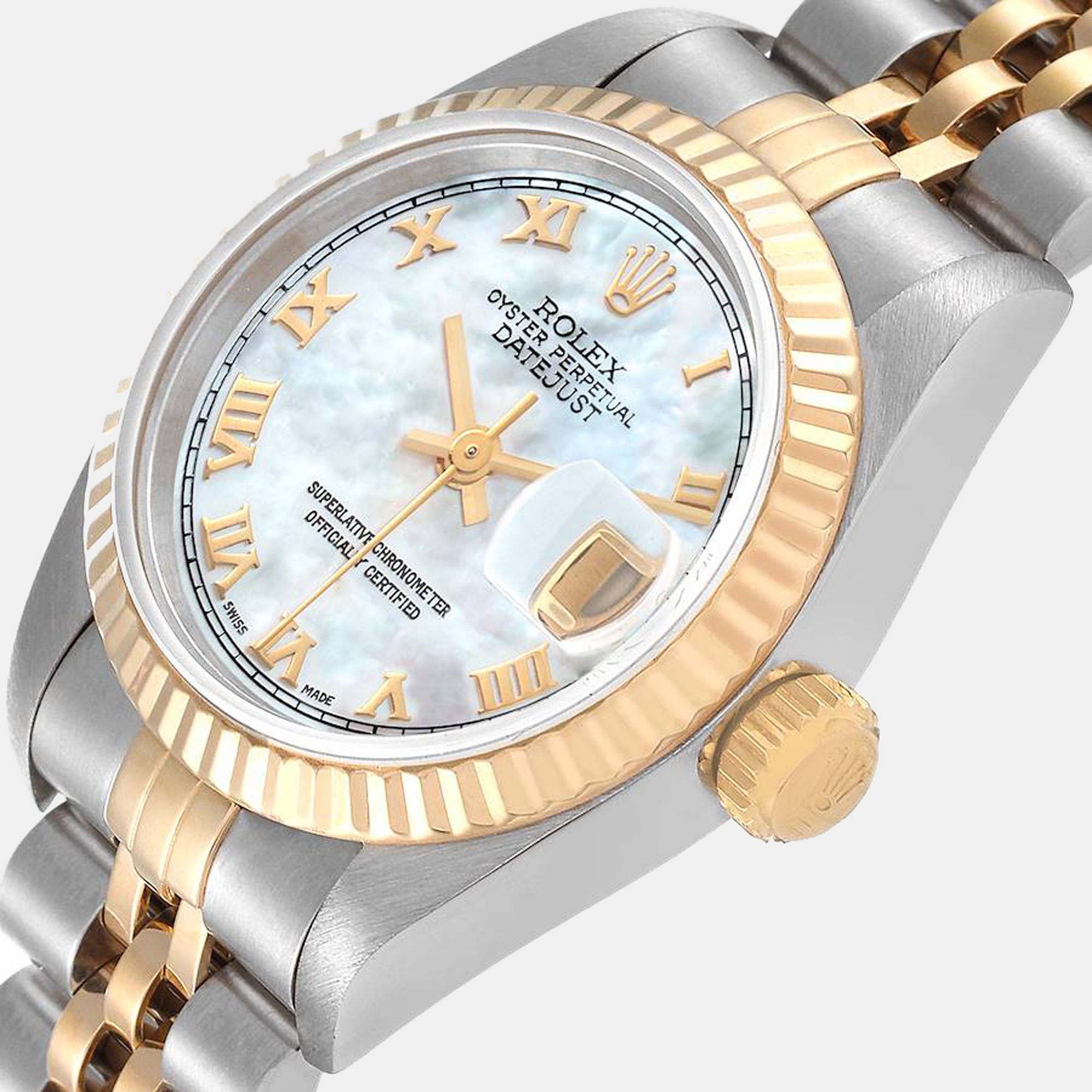 Rolex Mother of Pearl 18k Yellow Gold And Stainless Steel Datejust 69173 Automatic Women's Wristwatch 26 mm, White
Rolex Mother of Pearl 18k Yellow Gold And Stainless Steel Datejust 69173 Automatic Women's Wristwatch 26 mm, White