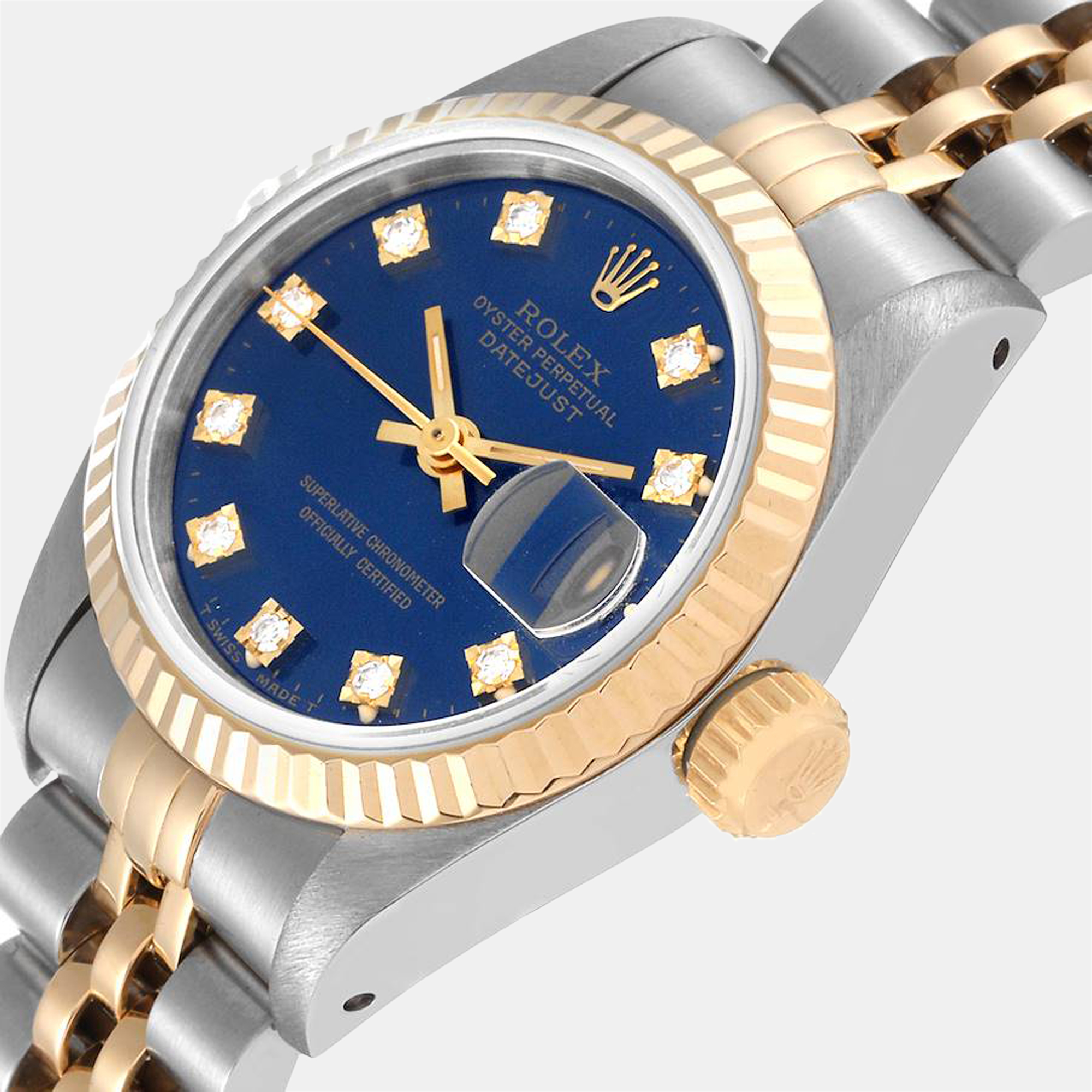 Rolex Blue Diamonds 18K Yellow Gold And Stainless Steel Datejust 69173 Women's Wristwatch 26 mm
Rolex Blue Diamonds 18K Yellow Gold And Stainless Steel Datejust 69173 Women's Wristwatch 26 mm