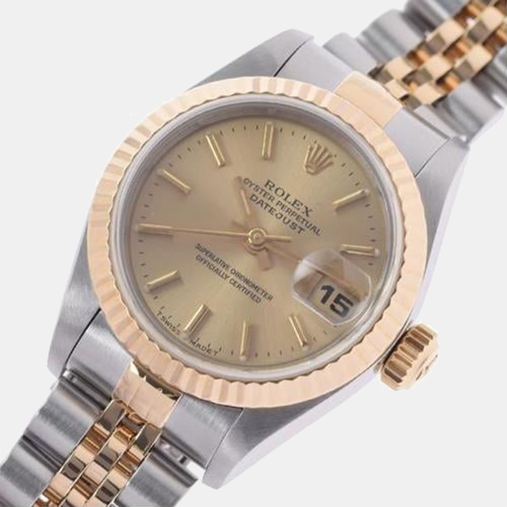 Rolex Champagne Diamonds 18K Yellow Gold And Stainless Steel Datejust 69173 Women's Wristwatch 26 mm
Rolex Champagne Diamonds 18K Yellow Gold And Stainless Steel Datejust 69173 Women's Wristwatch 26 mm