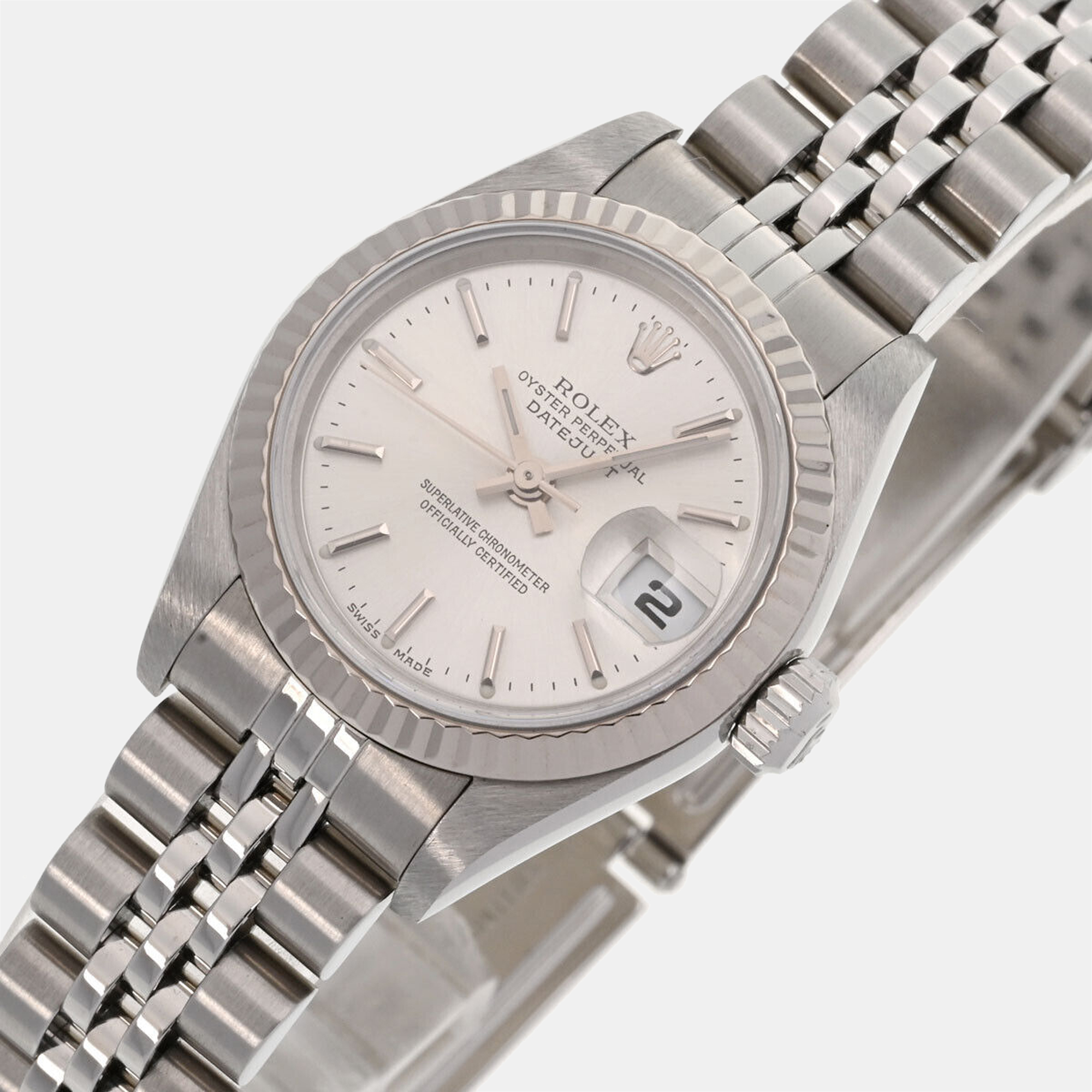 Rolex Silver 18K White Gold And Stainless Steel Datejust 79174 Automatic Women's Wristwatch 26 mm
Rolex Silver 18K White Gold And Stainless Steel Datejust 79174 Automatic Women's Wristwatch 26 mm