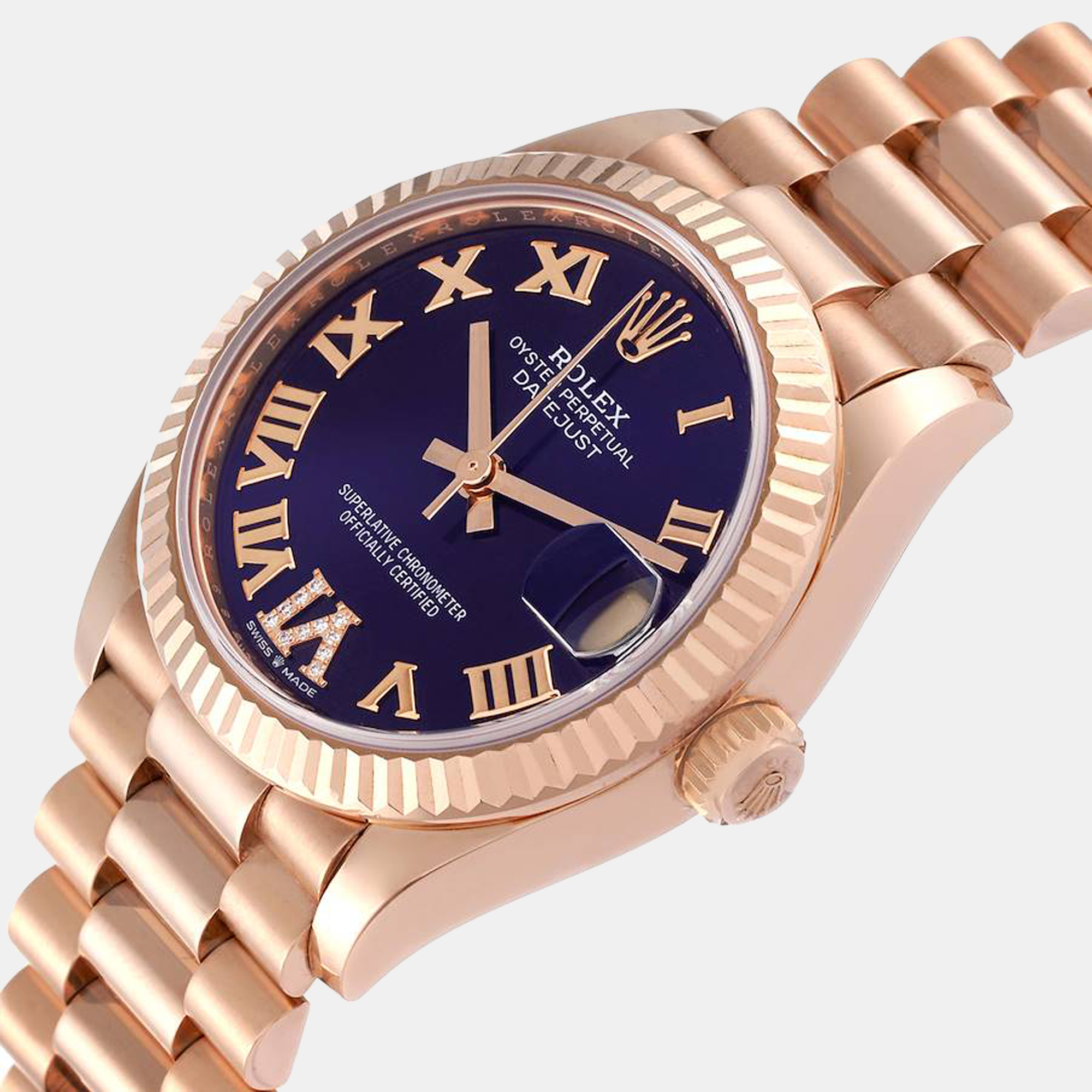 Rolex President Datejust Midsize Rose Gold Diamond Ladies Watch 278275, Purple
Rolex President Datejust Midsize Rose Gold Diamond Ladies Watch 278275, Purple