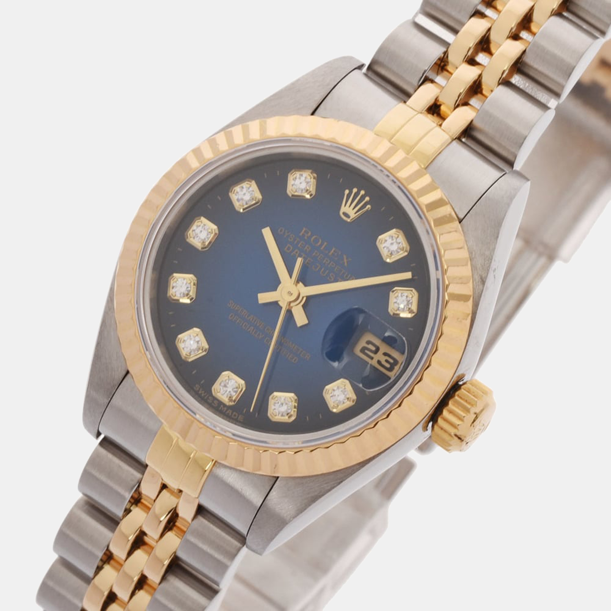 Rolex Blue Diamonds 18K Yellow Gold And Stainless Steel Datejust 69173 Women's Wristwatch 26 mm
Rolex Blue Diamonds 18K Yellow Gold And Stainless Steel Datejust 69173 Women's Wristwatch 26 mm
