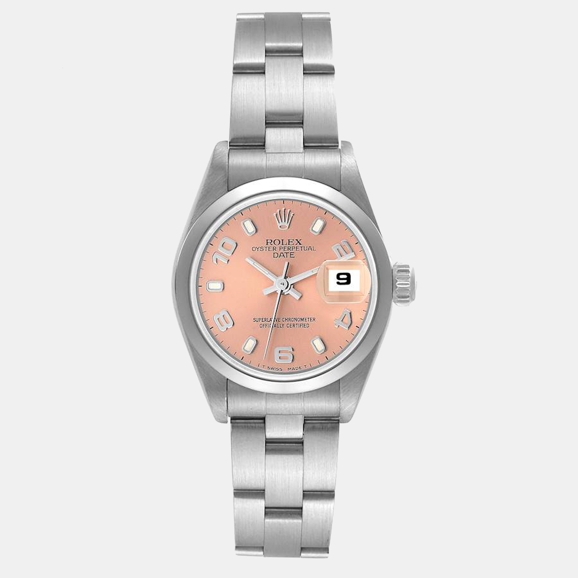 Rolex salmon stainless steel oyster perpetual date 69160 women's wristwatch 26 mm