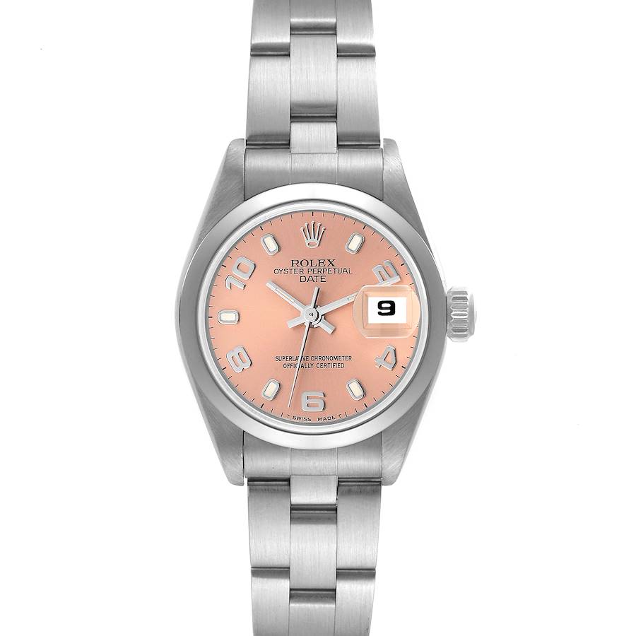 Rolex Salmon Stainless Steel Oyster Perpetual Date 69160 Women's Wristwatch 26 Mm