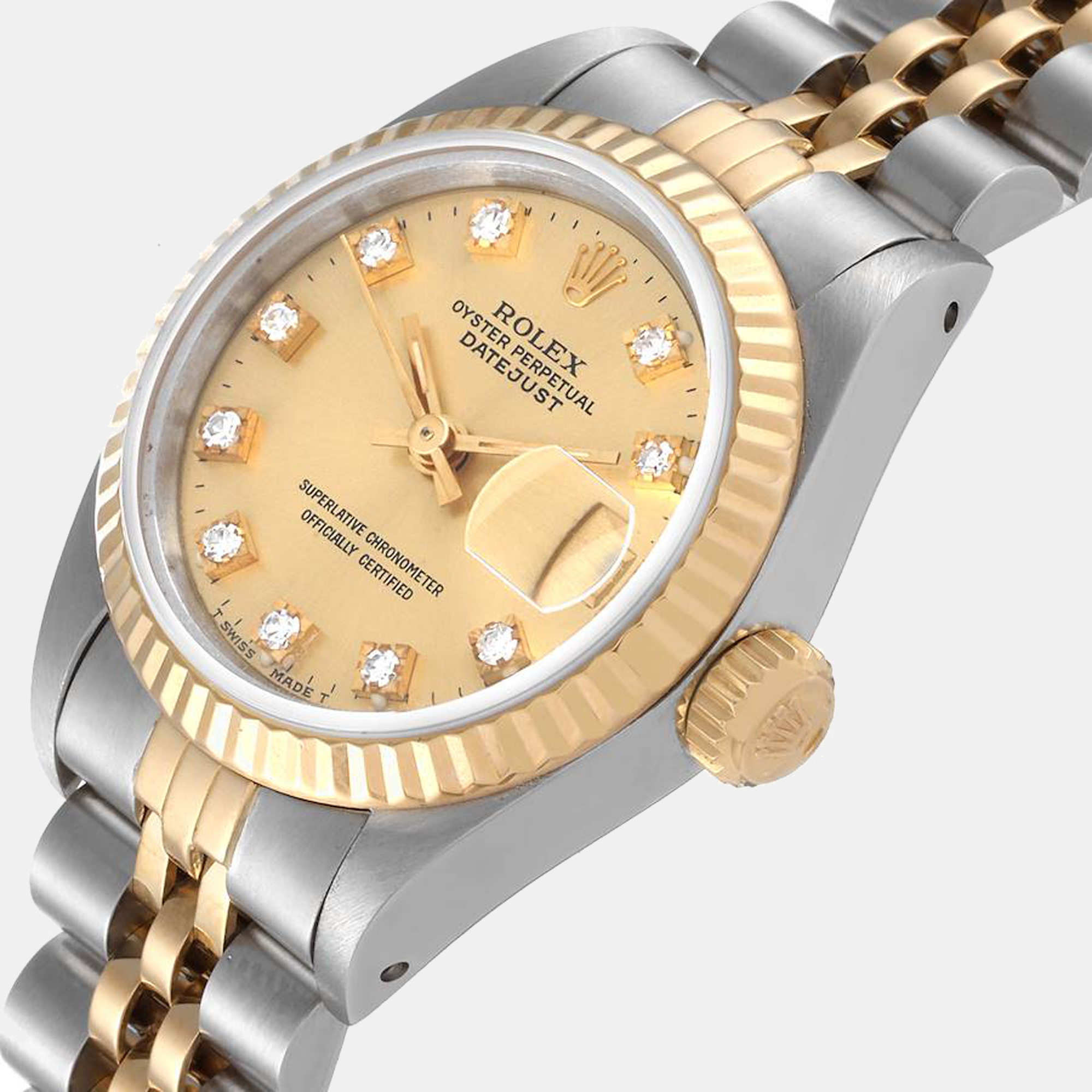 Rolex Champagne Diamonds 18K Yellow Gold And Stainless Steel Datejust 69173 Women's Wristwatch 26 mm
Rolex Champagne Diamonds 18K Yellow Gold And Stainless Steel Datejust 69173 Women's Wristwatch 26 mm
