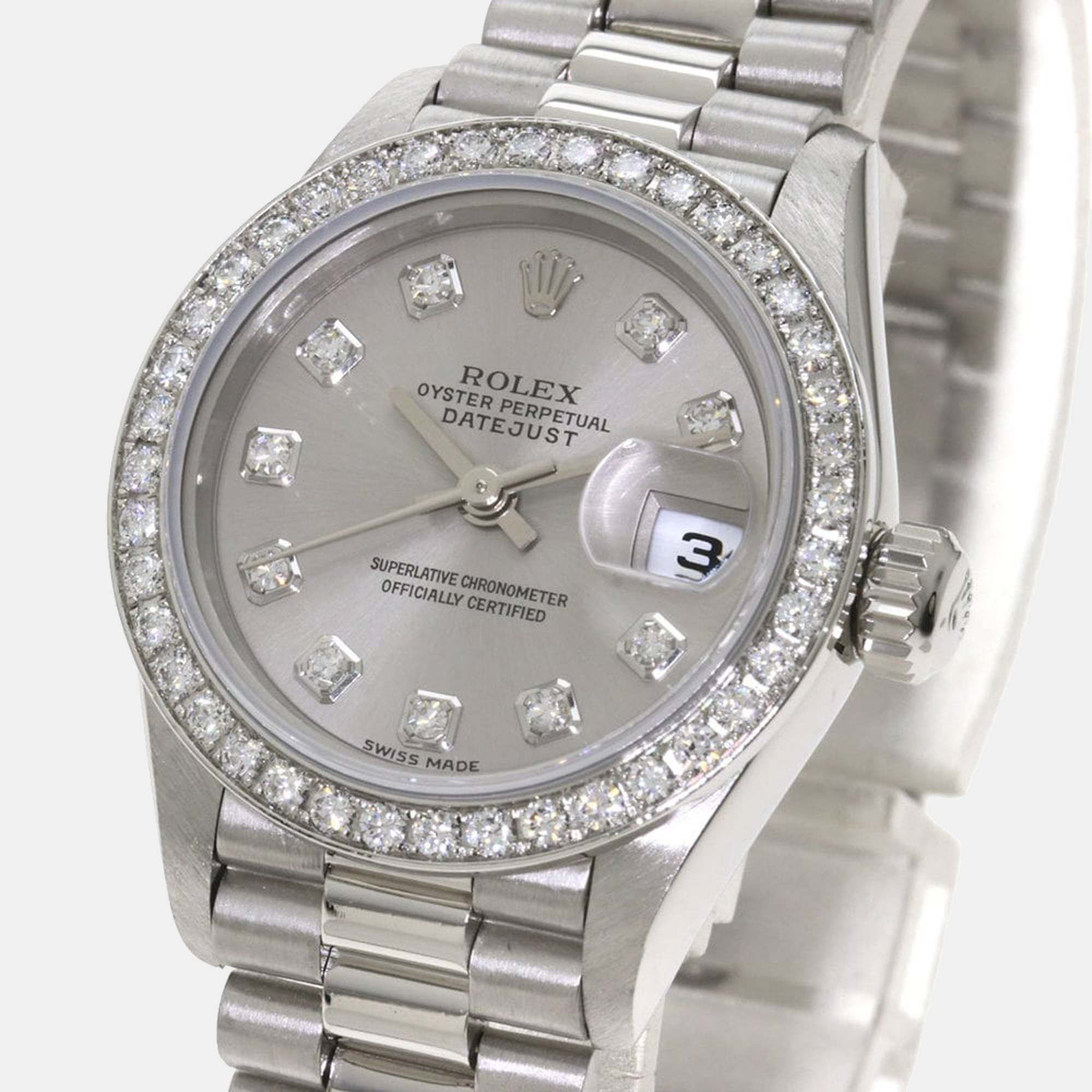 Rolex Silver Diamonds Platinum Datejust 79136 Women's Wristwatch 26 Mm