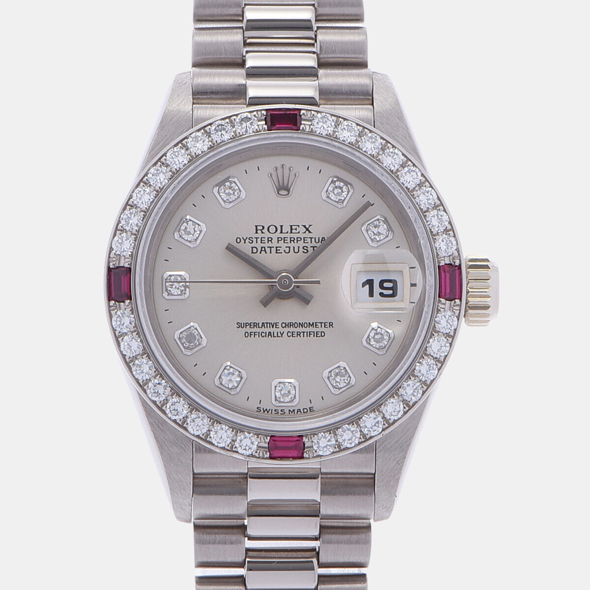Rolex Silver Diamonds 18K White Gold Datejust 69069G Women's Wristwatch 26 Mm