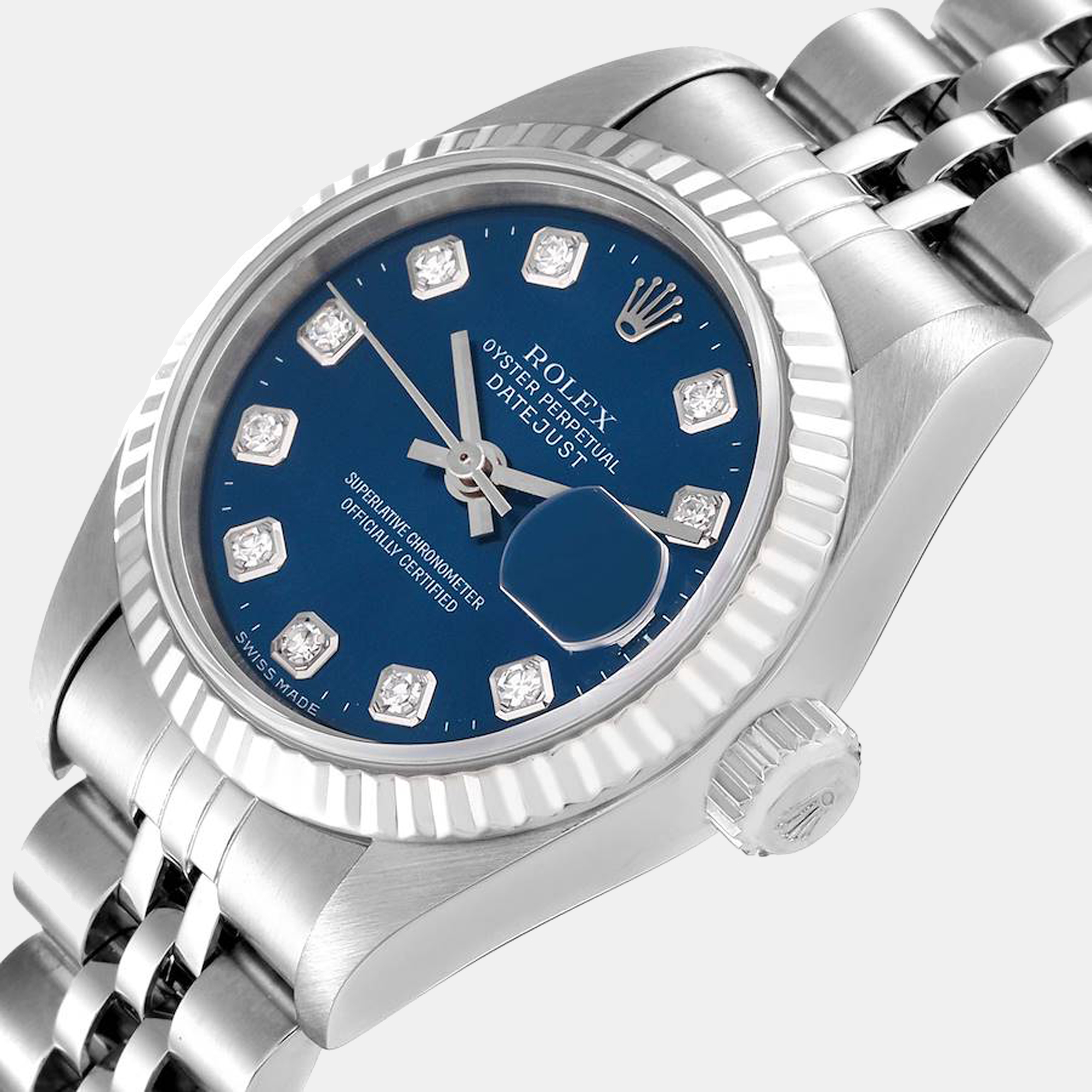 Rolex Datejust Steel White Gold Blue Diamond Dial Ladies Watch 79174
Rolex Datejust Steel White Gold Blue Diamond Dial Ladies Watch 79174