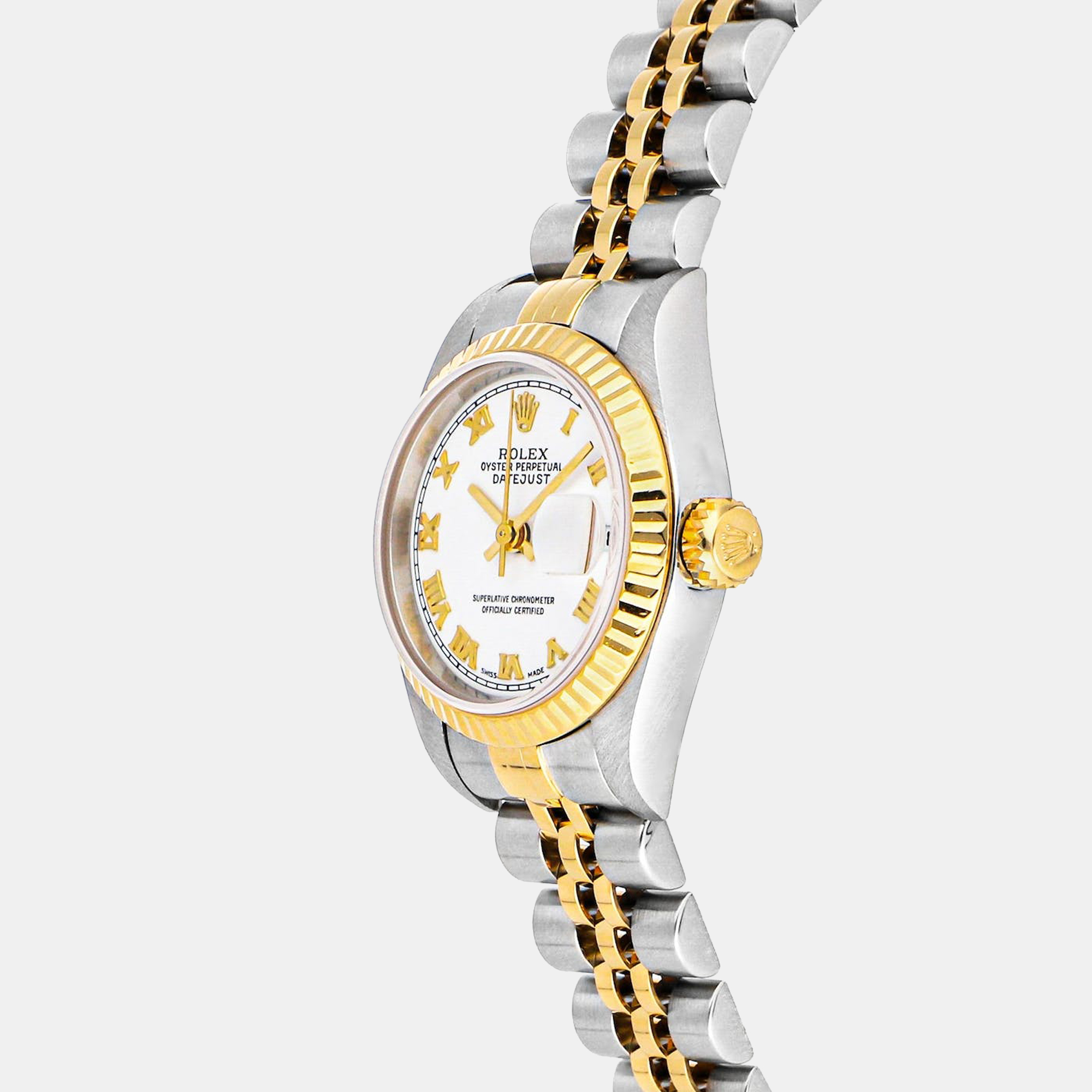 Rolex White 18k Yellow Gold And Stainless Steel Datejust 79173 Automatic Women's Wristwatch 26 Mm