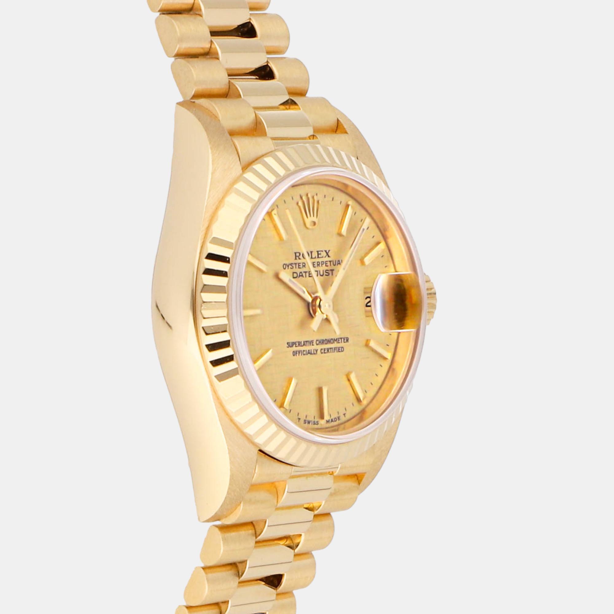 Rolex Champagne 18k Yellow Gold Datejust 69178 Automatic Women's Wristwatch 26 Mm