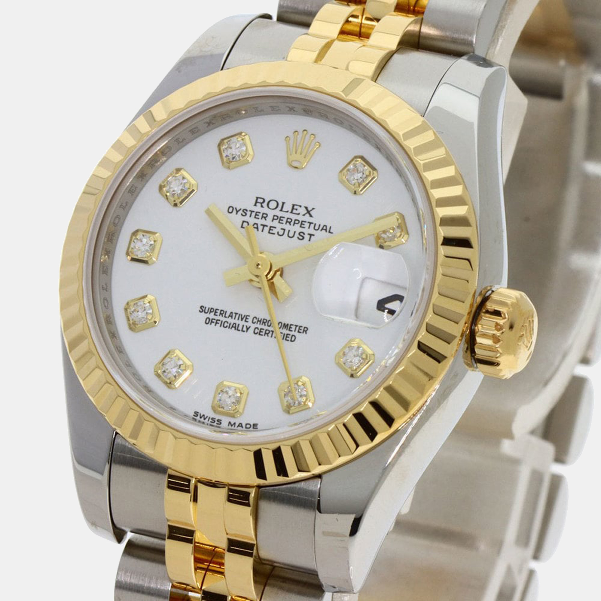 Rolex White Diamonds 18K Yellow Gold And Stainless Steel Datejust 179173G Women's Wristwatch 26 Mm