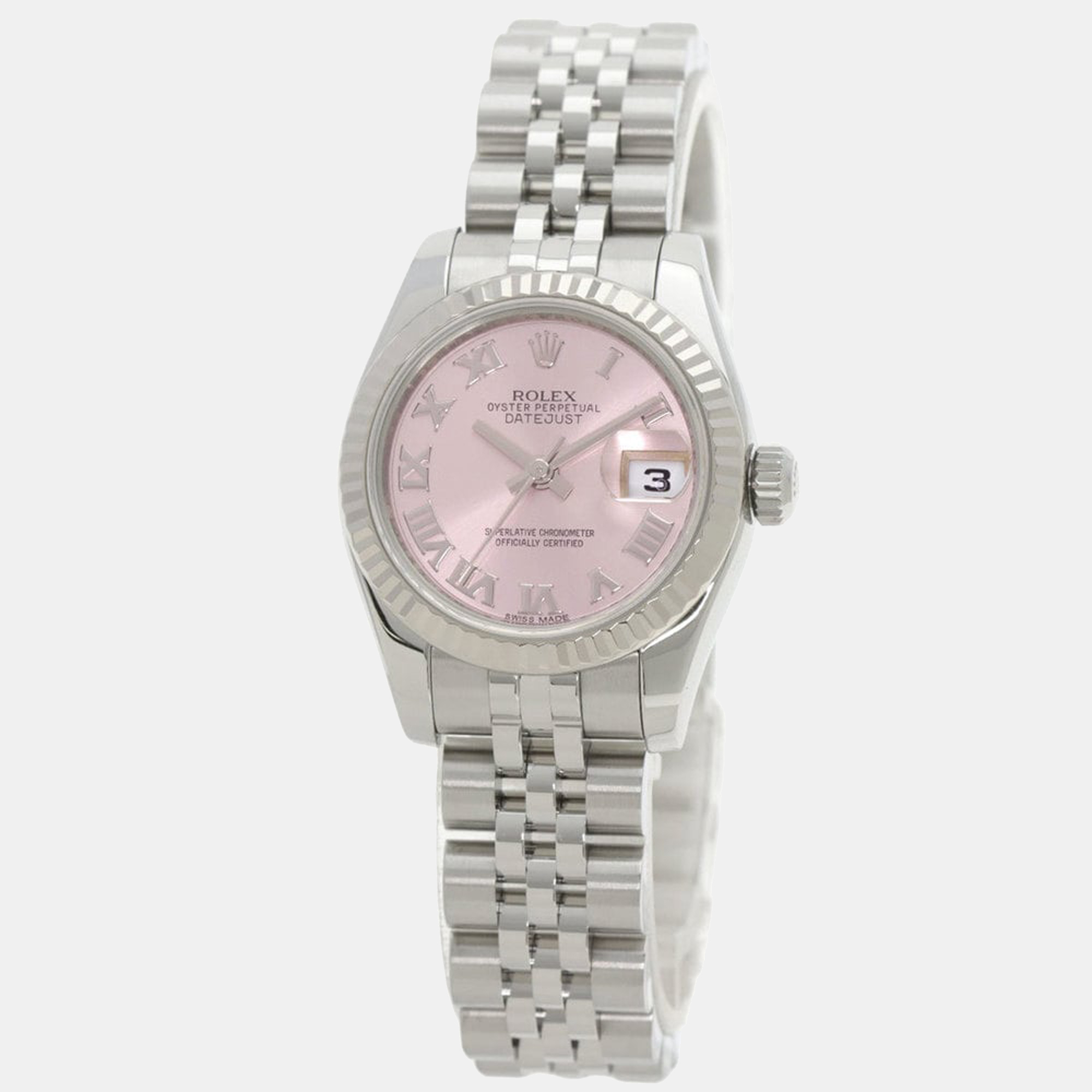 Rolex pink 18k white gold and stainless steel datejust 179174 women's wristwatch 26 mm