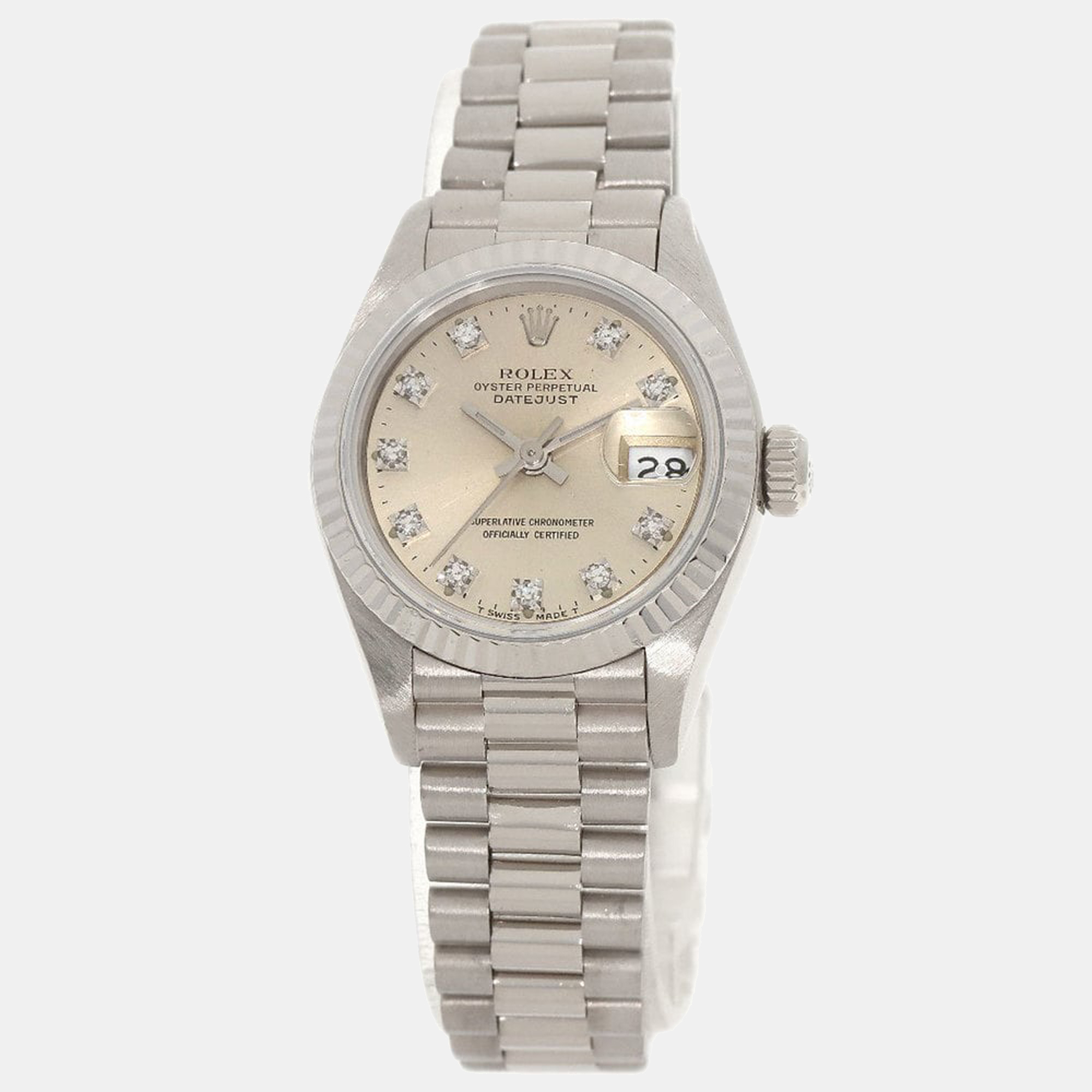 Rolex silver diamonds 18k white gold and stainless steel datejust 69179g women's wristwatch 26 mm