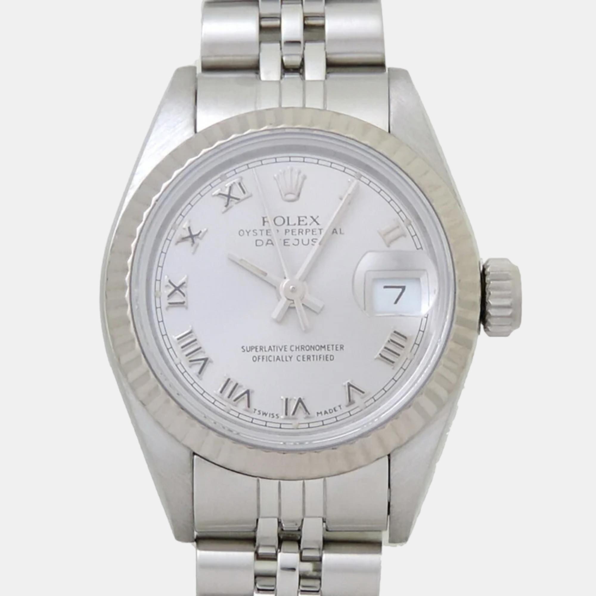Rolex Silver 18K White Gold And Stainless Steel Datejust 69174 Women's Wristwatch 26 Mm