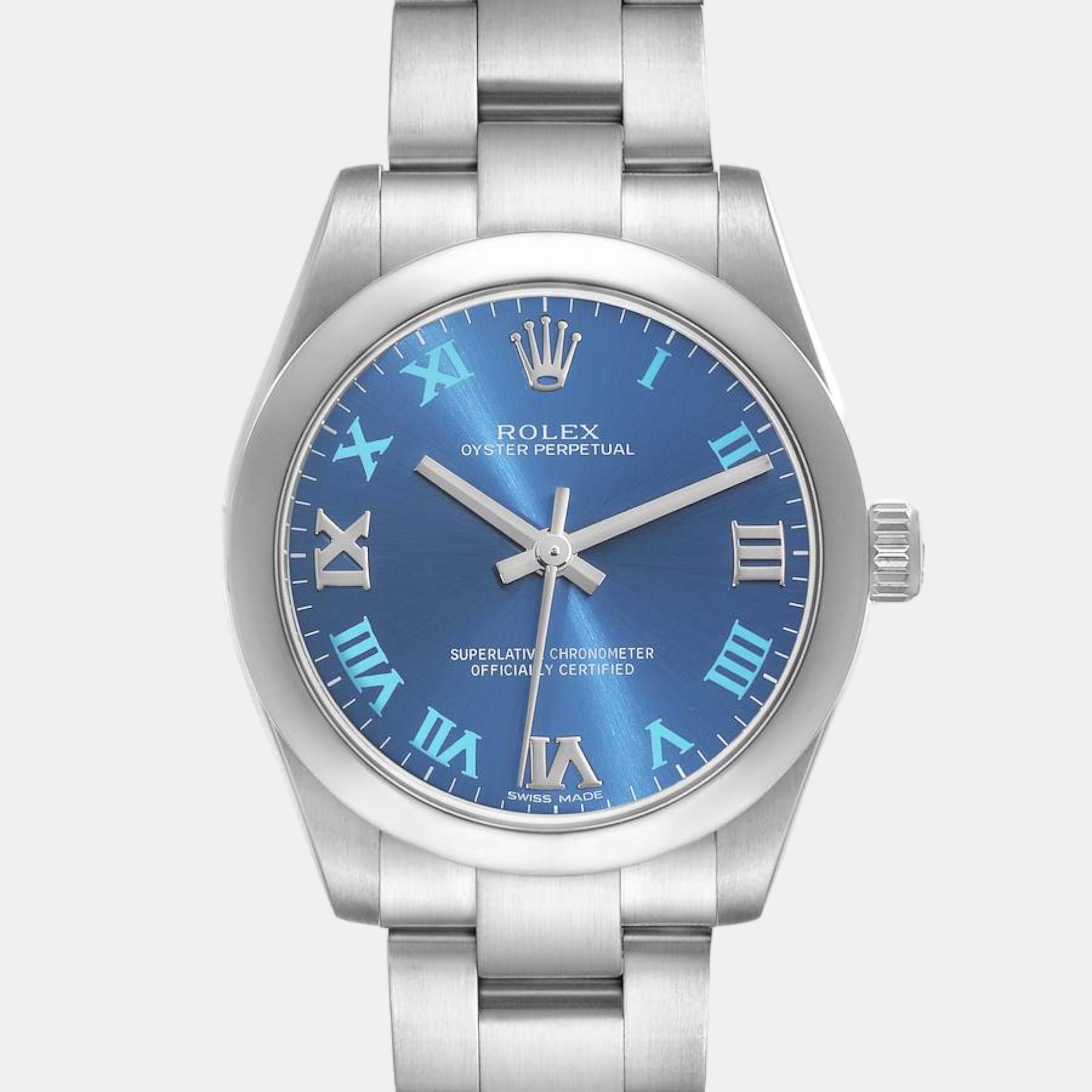 Rolex Oyster Perpetual Midsize 31 Blue Dial Steel Ladies Watch 177200