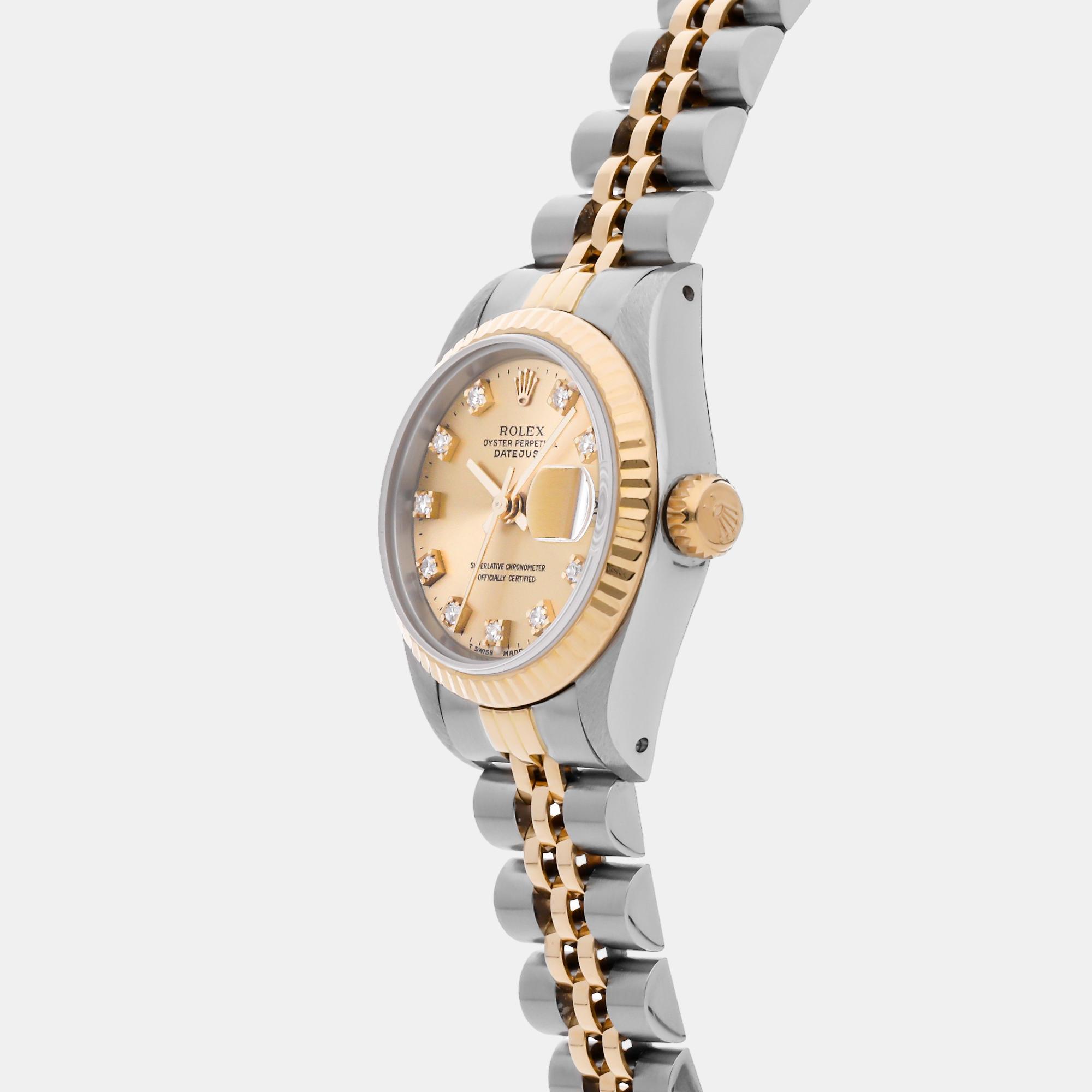 Rolex Champagne Diamond 18k Yellow Gold And Stainless Steel Datejust 69173 Automatic Women's Wristwatch 26 mm
Rolex Champagne Diamond 18k Yellow Gold And Stainless Steel Datejust 69173 Automatic Women's Wristwatch 26 mm