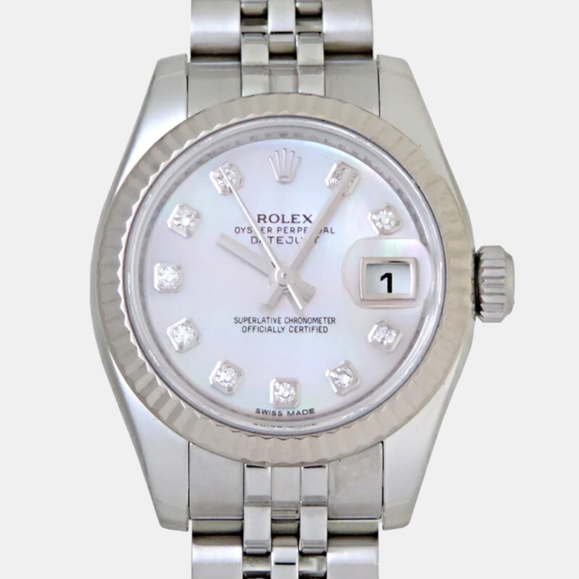 Rolex Silver Diamond Stainless Steel Datejust 179174NG Automatic Women's Wristwatch 26 Mm
